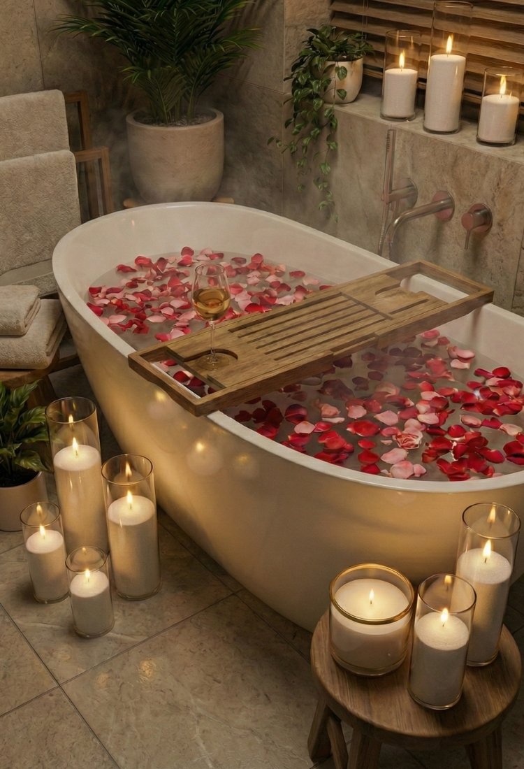Relaxing bath with rose petals, pearled candles, and a wooden tray in a cozy bathroom setting.