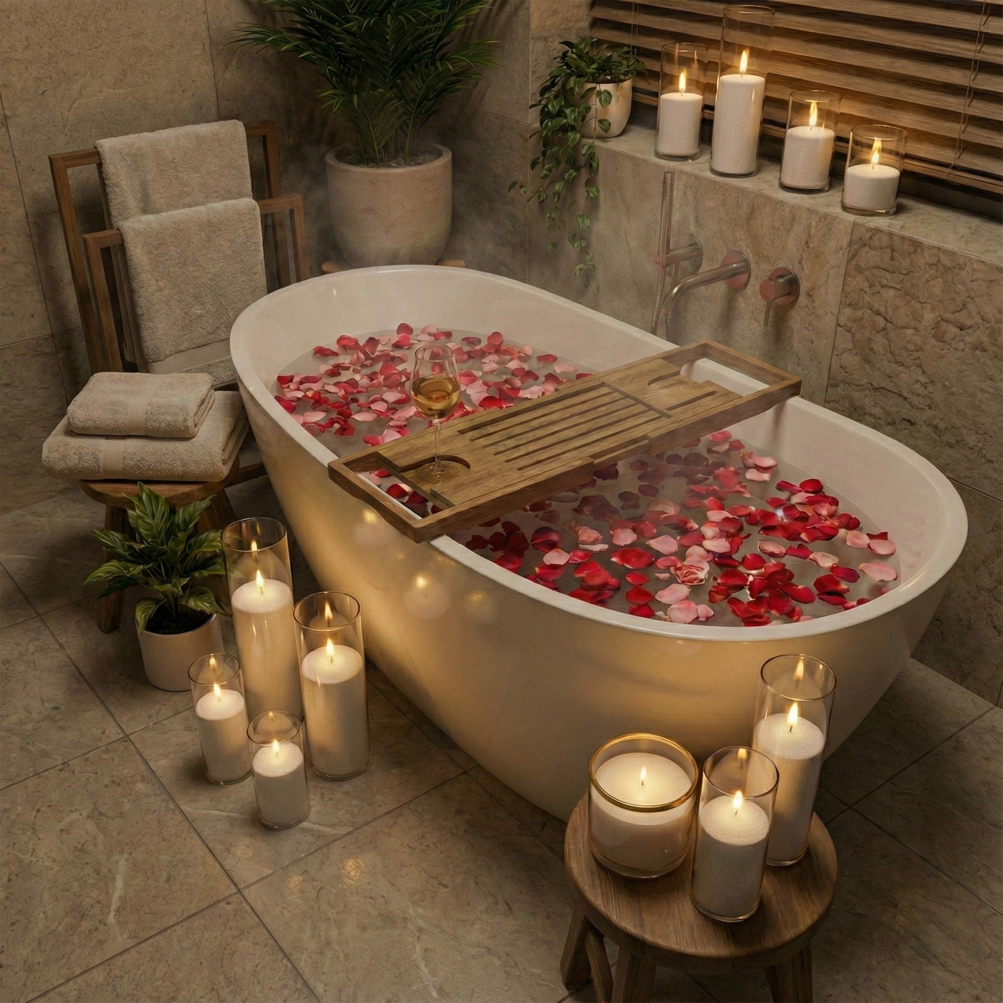 Relaxing bath with rose petals, pearled candles sand, and a wooden tray in a cosy bathroom setting.