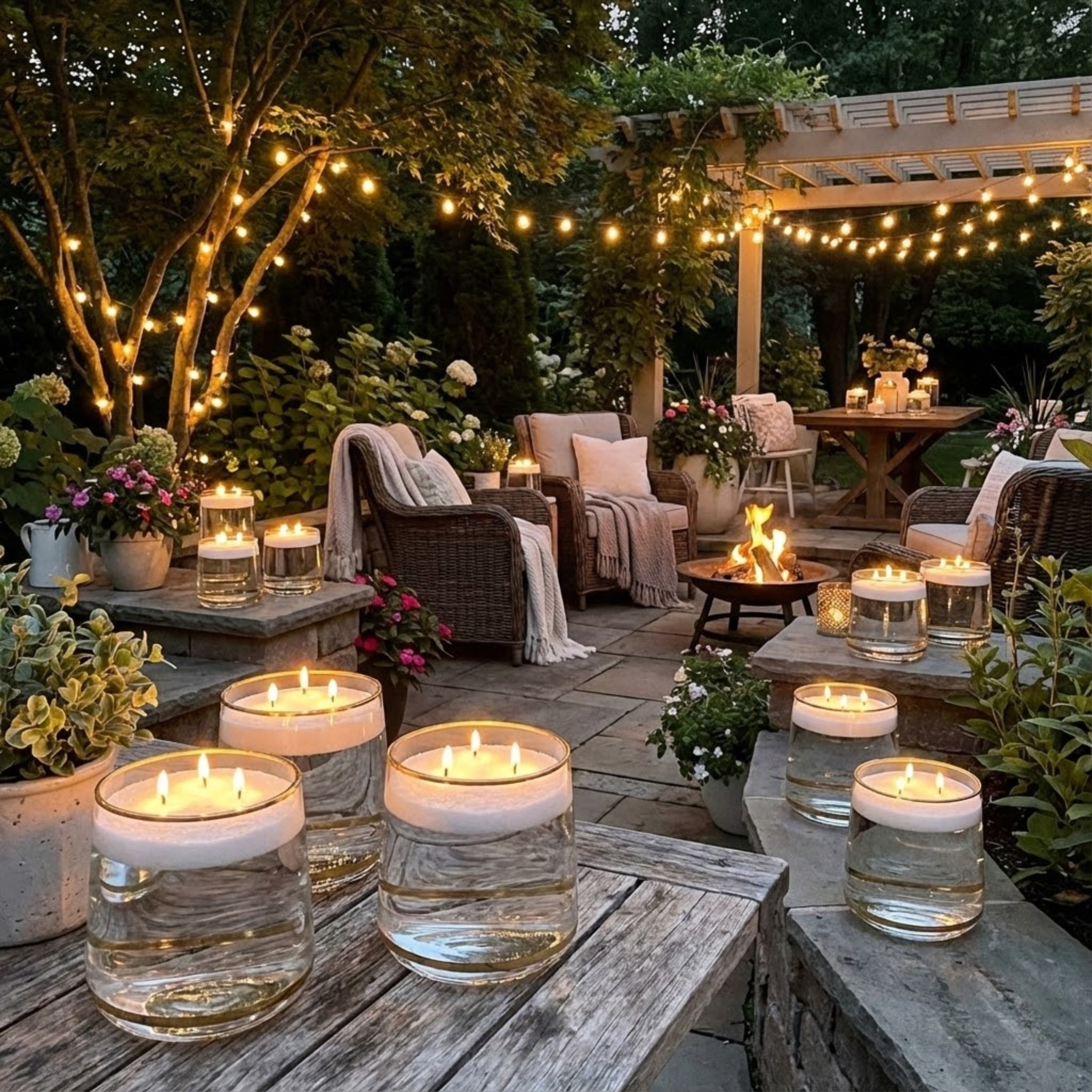 Outdoor patio with string lights, pearled candles floating on water, and a fire pit in a garden setting.