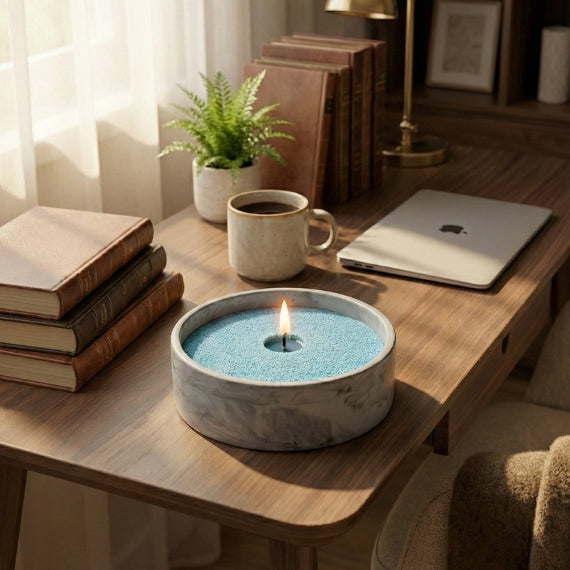 Candle in a decorative bowl on a wooden table with books, a laptop, and a plant.