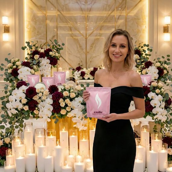 Woman holding a pink product emilie pearled candle pouch bag with floral arrangements and candles in the background