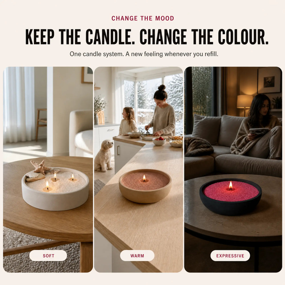 Pearled candles in different colours and bowls