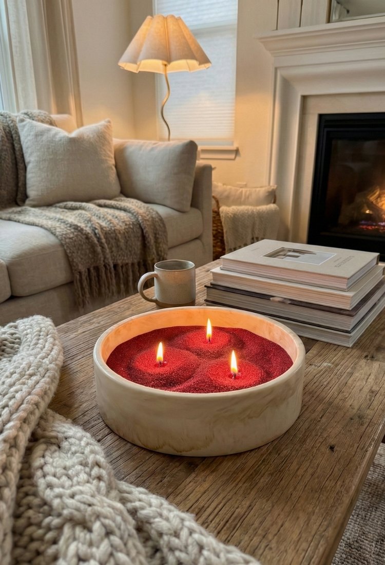 Ceramic bowl with red pearled candle inside on a wooden coffee table in a cozy living room.