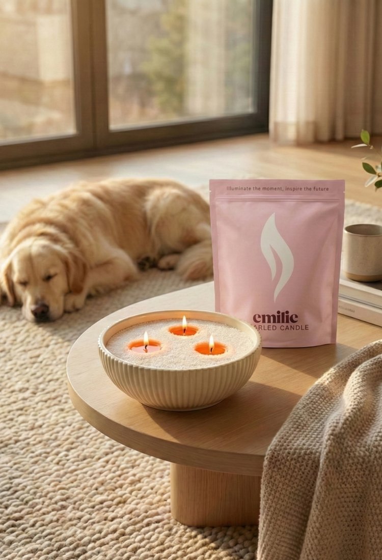 Pearled candle in a bowl with three lit wicks on a wooden table, next to a pink package labeled 'emilie pearled candle' in a cozy living room setting.