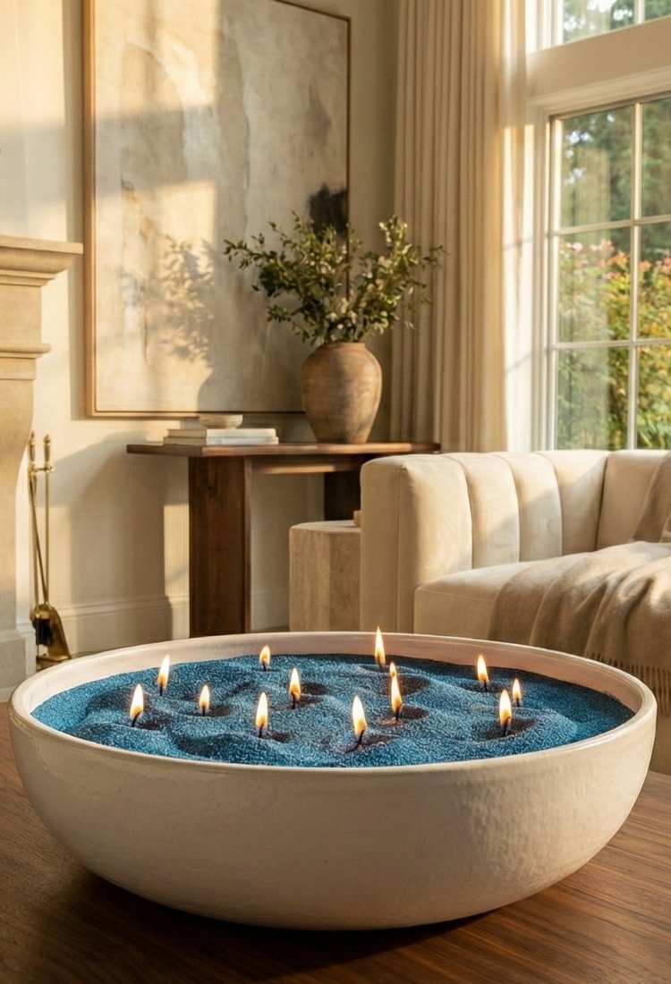 Modern indoor fire pit with blue sand candles in a living room setting.