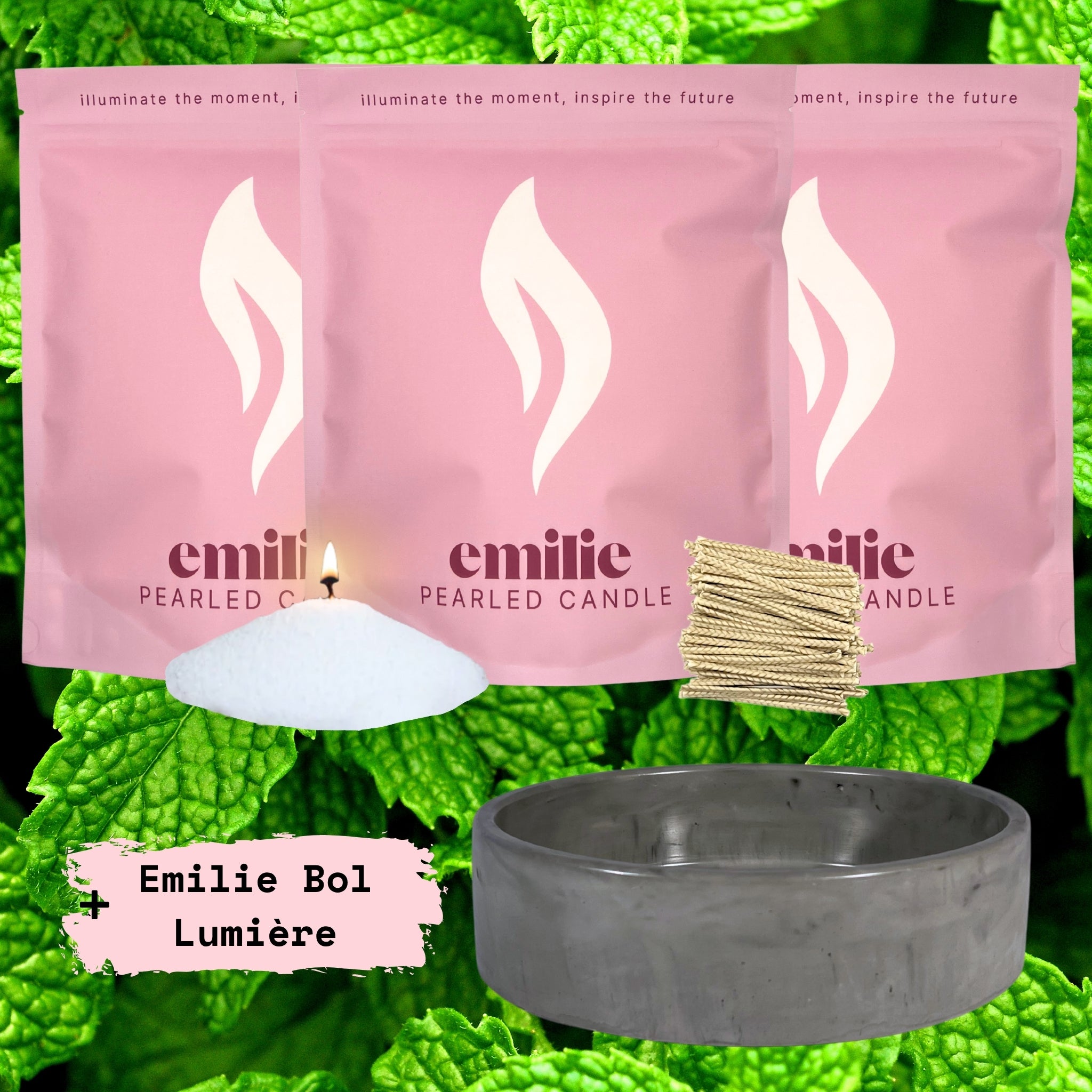 Peppermint 1kg + 2x 1kg of Your Choice Pearled Candles + Emilie Bol Lumière