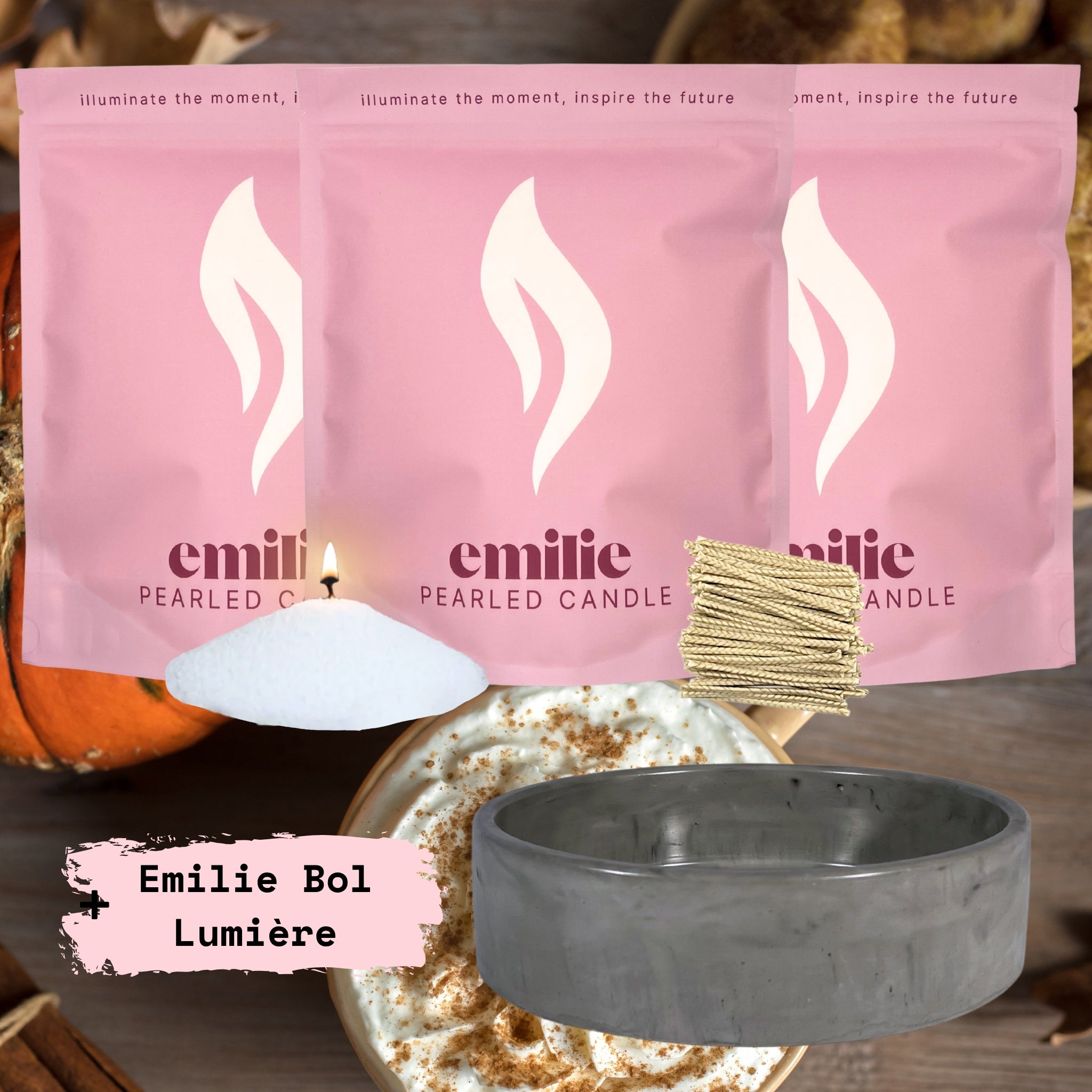 Pumpkin Spice 1kg + 2x 1kg of Your Choice Pearled Candles + Emilie Bol Lumière