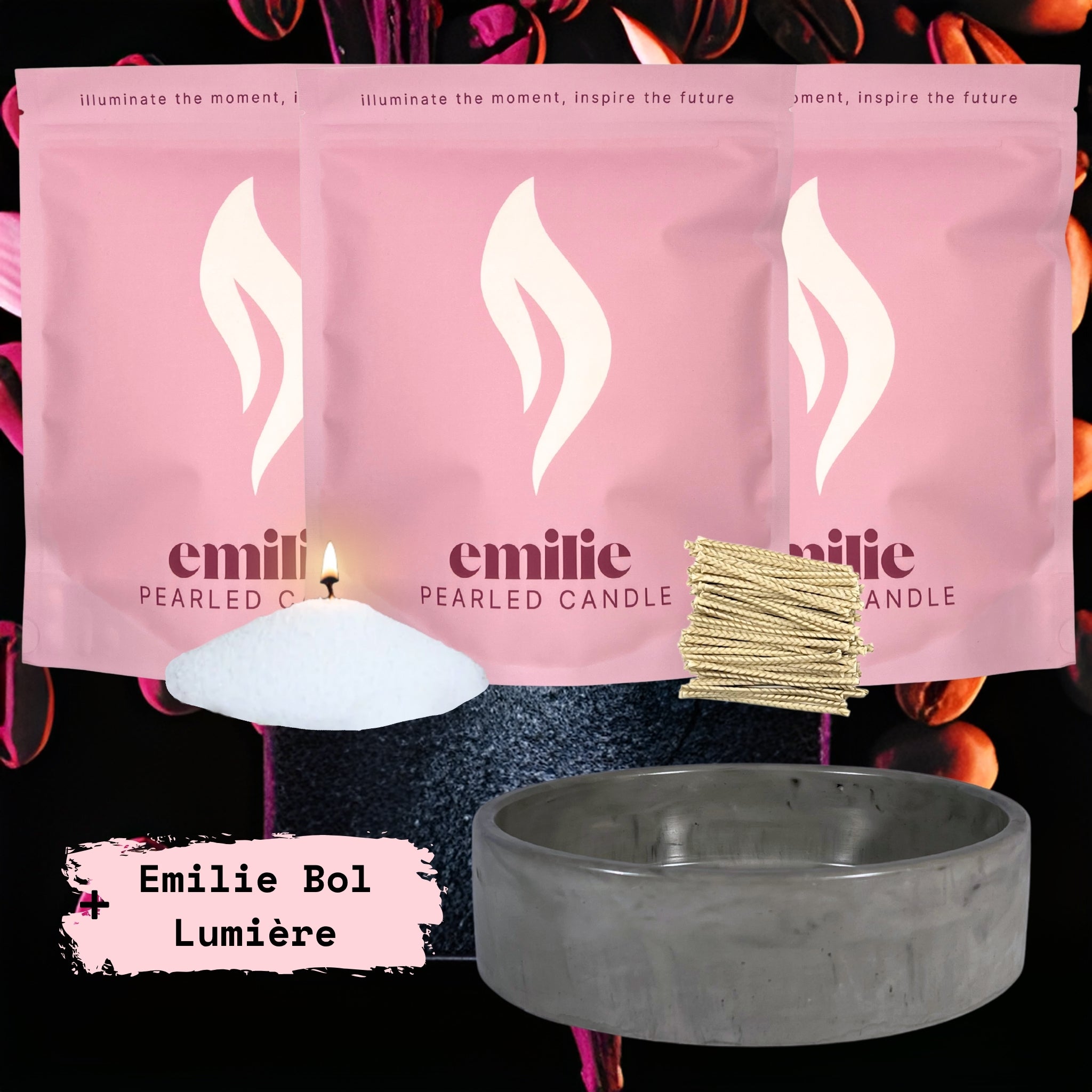 Noir Opium 1kg + 2x 1kg of Your Choice Pearled Candles + Emilie Bol Lumière