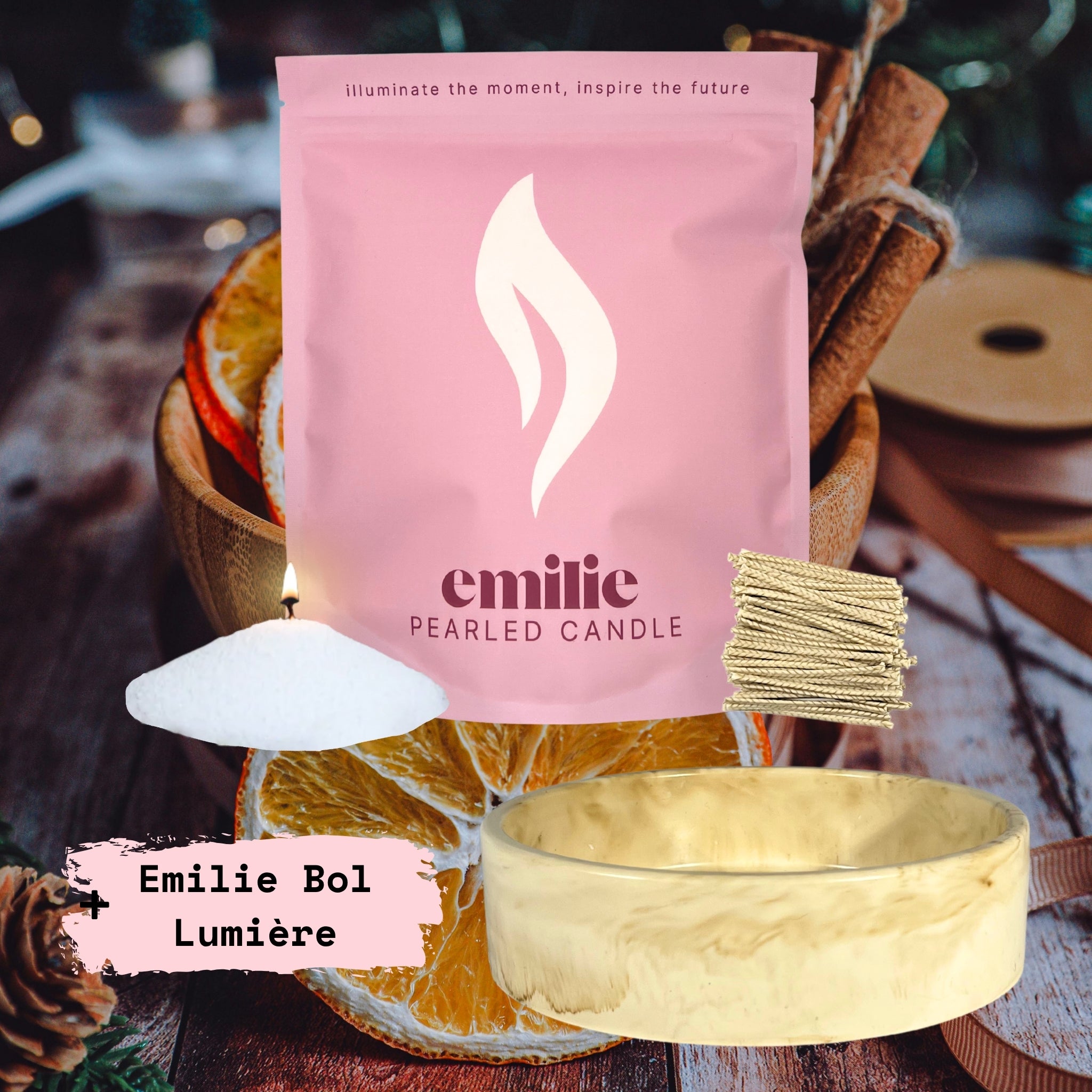 Clementine & Cinnamon – Set & Save Pearled Candle + Emilie Bol Lumière