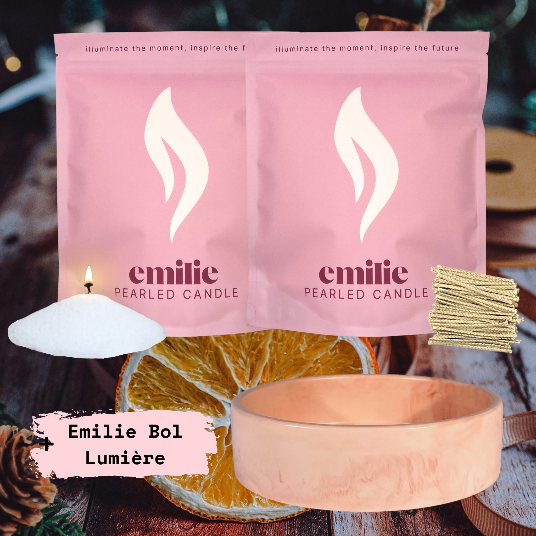 Clementine & Cinnamon 1kg + 1kg of Your Choice Pearled Candles + Emilie Bol Lumière