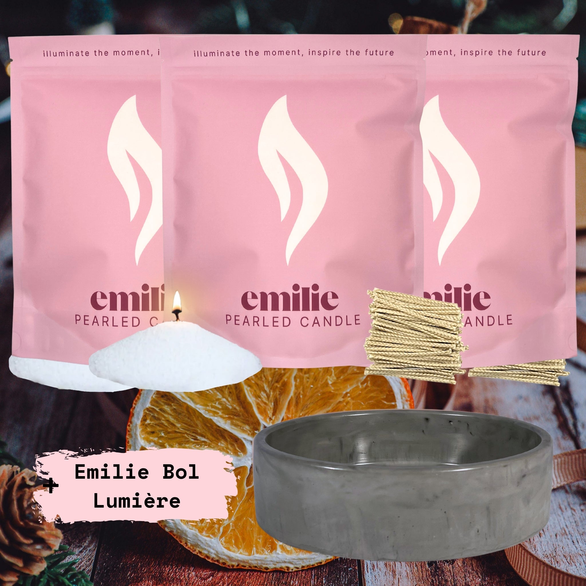Clementine & Cinnamon 1kg + 2x 1kg of Your Choice Pearled Candles + Emilie Bol Lumière