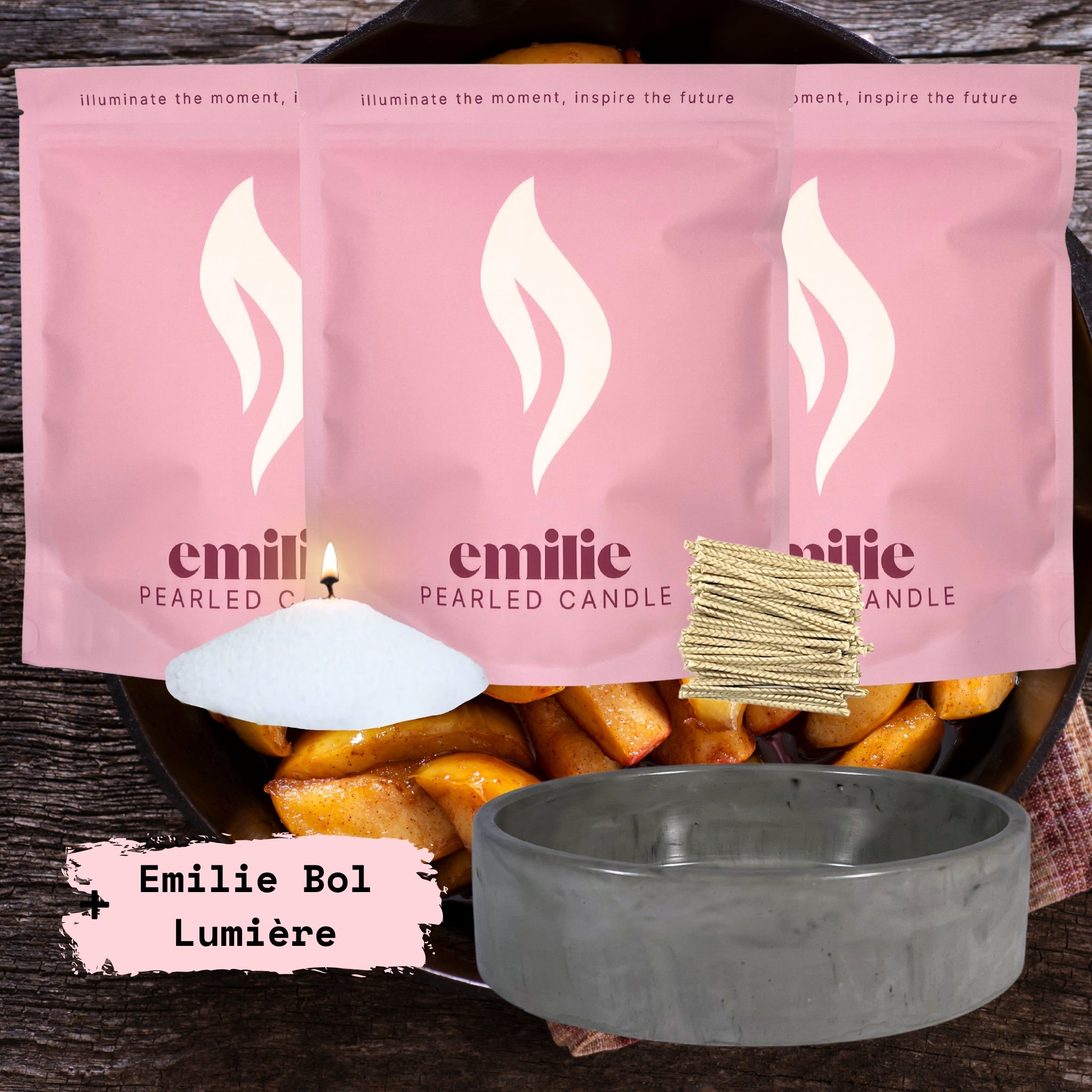 Apple & Cinnamon 1kg + 2x 1kg of Your Choice Pearled Candles + Emilie Bol Lumière