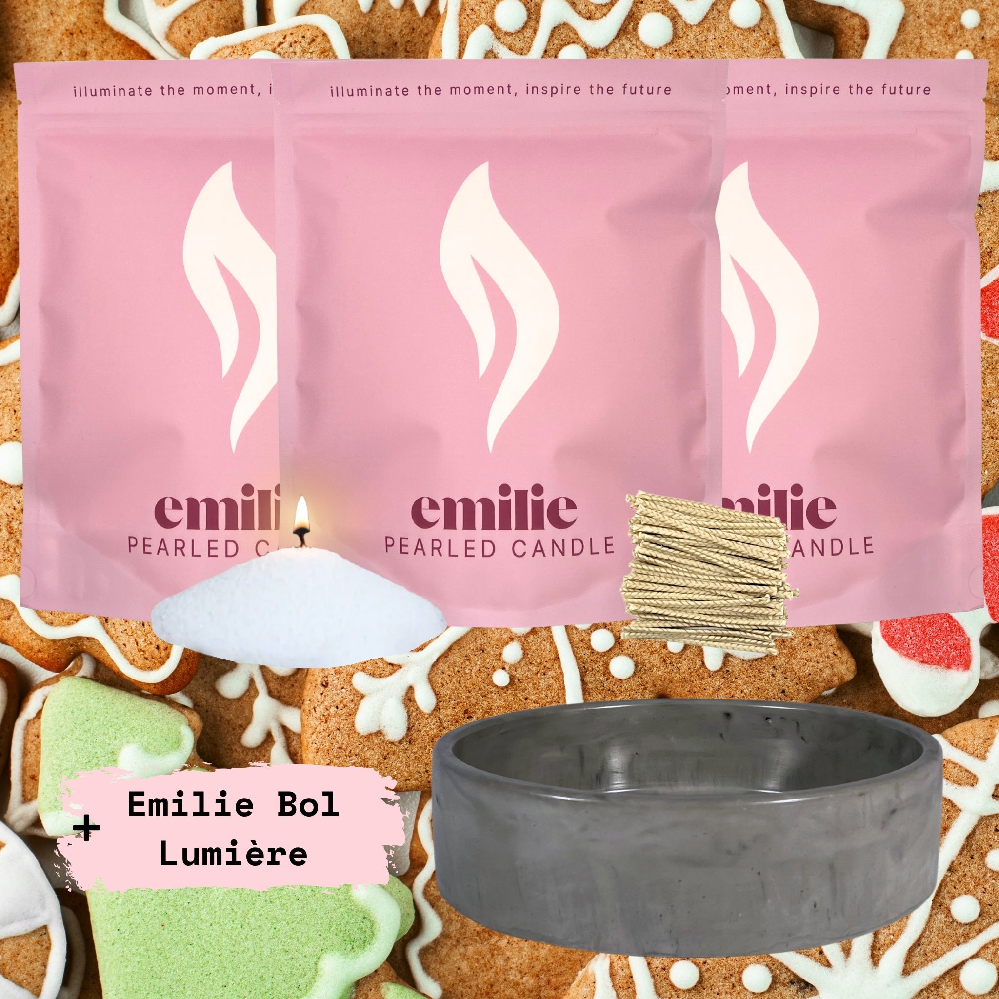Gingerbread 1kg + 2x 1kg of Your Choice Pearled Candles + Emilie Bol Lumière