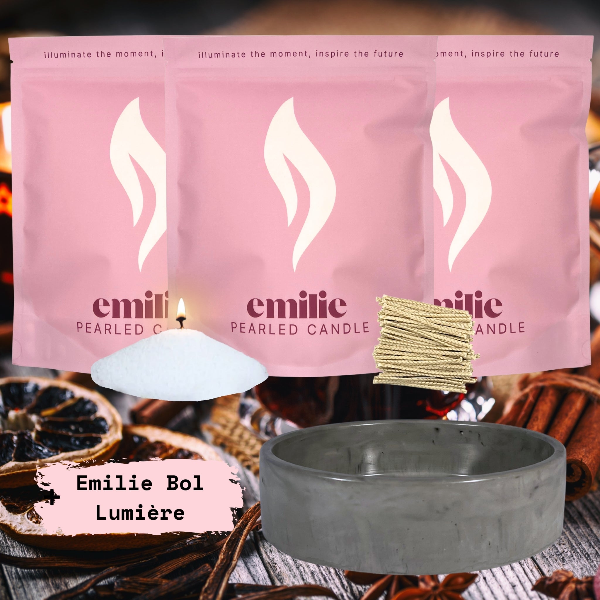 Mulled Wine 1kg + 2x 1kg of Your Choice Pearled Candles + Emilie Bol Lumière