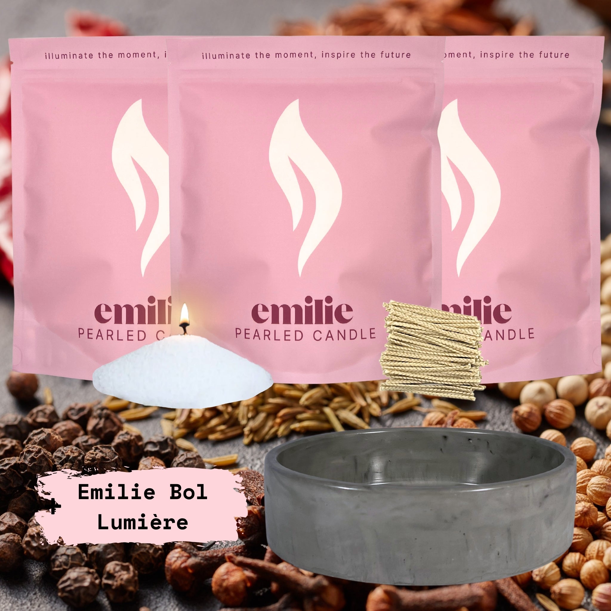Winter Spices 1kg + 2x 1kg of Your Choice Pearled Candles + Emilie Bol Lumière