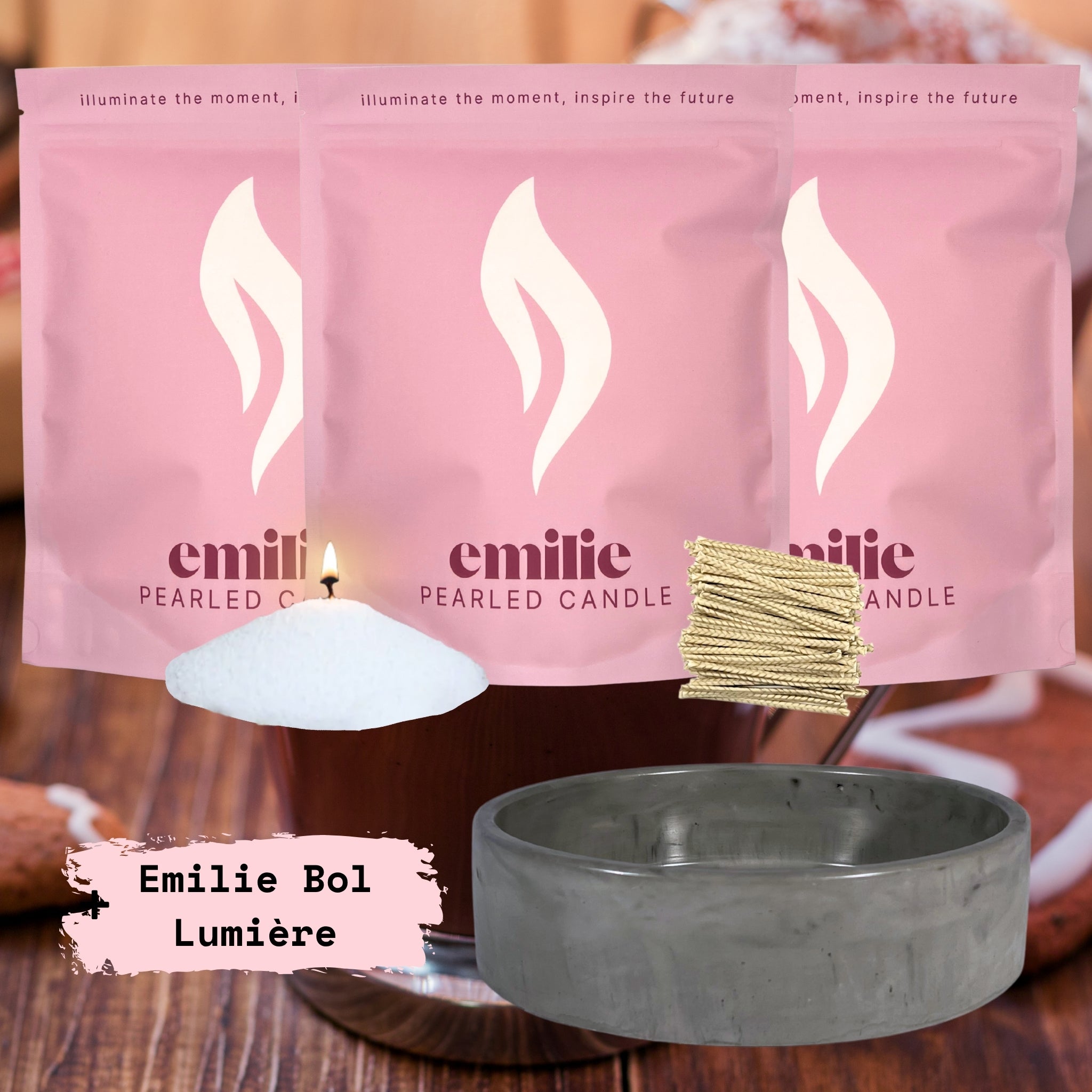 Hot Chocolate & Macaroon 1kg + 2x 1kg of Your Choice Pearled Candles + Emilie Bol Lumière