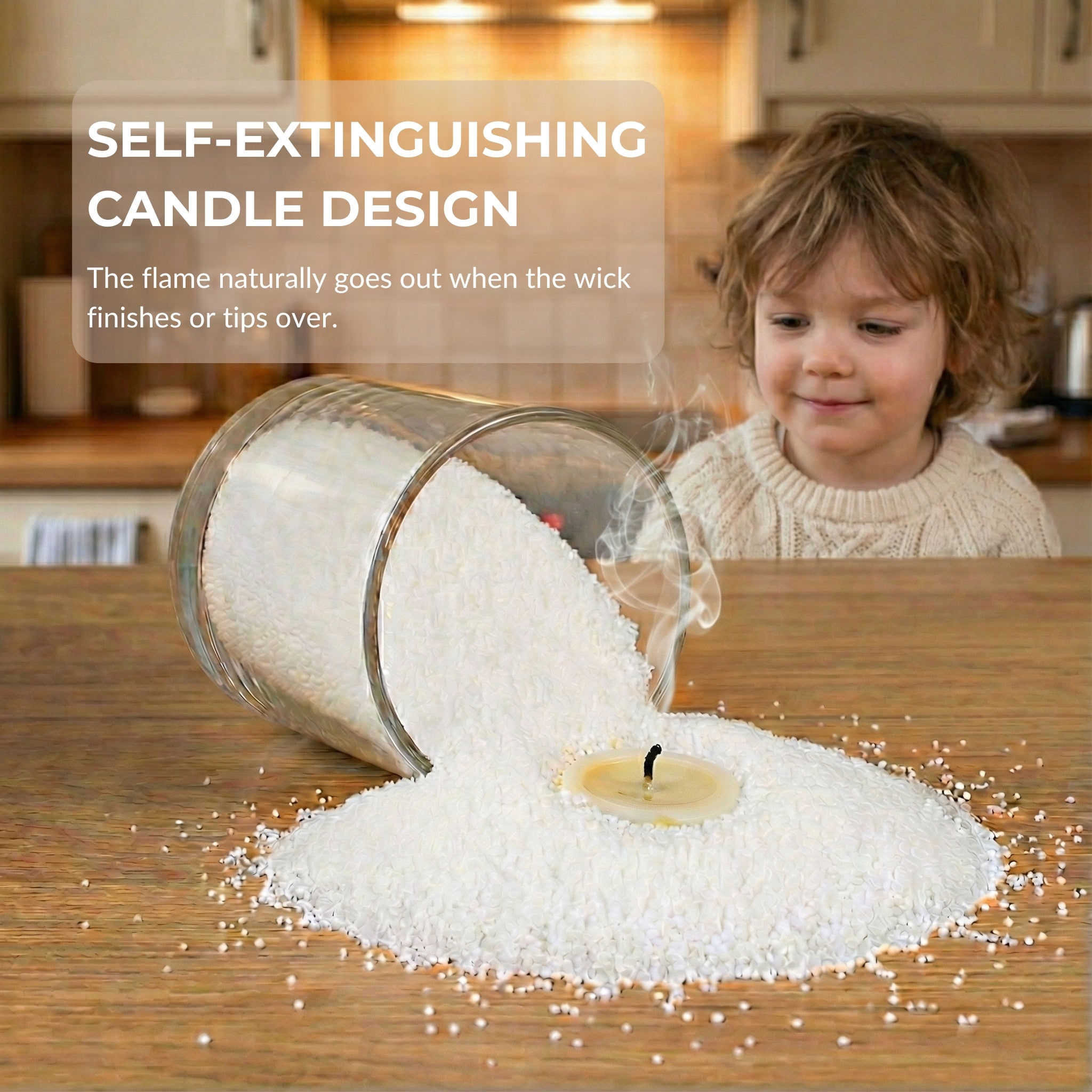 Child observing a self-extinguishing candle design on a wooden surface.