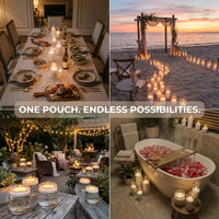 Collage of various settings with pearled candles, including a dinner table, beach, garden, and bathroom.