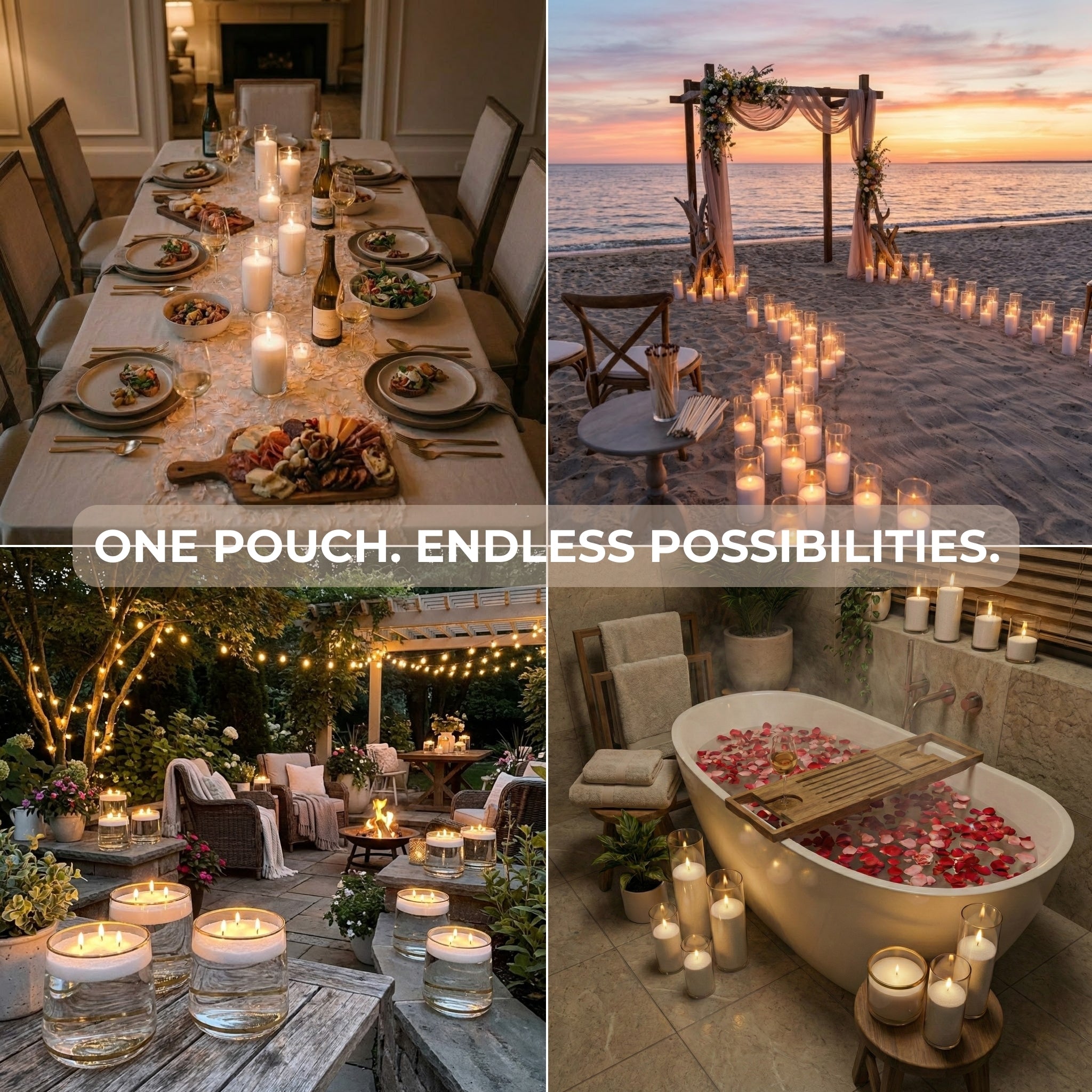 Collage of various settings with pearled candles, including a dinner table, beach, garden, and bathroom.