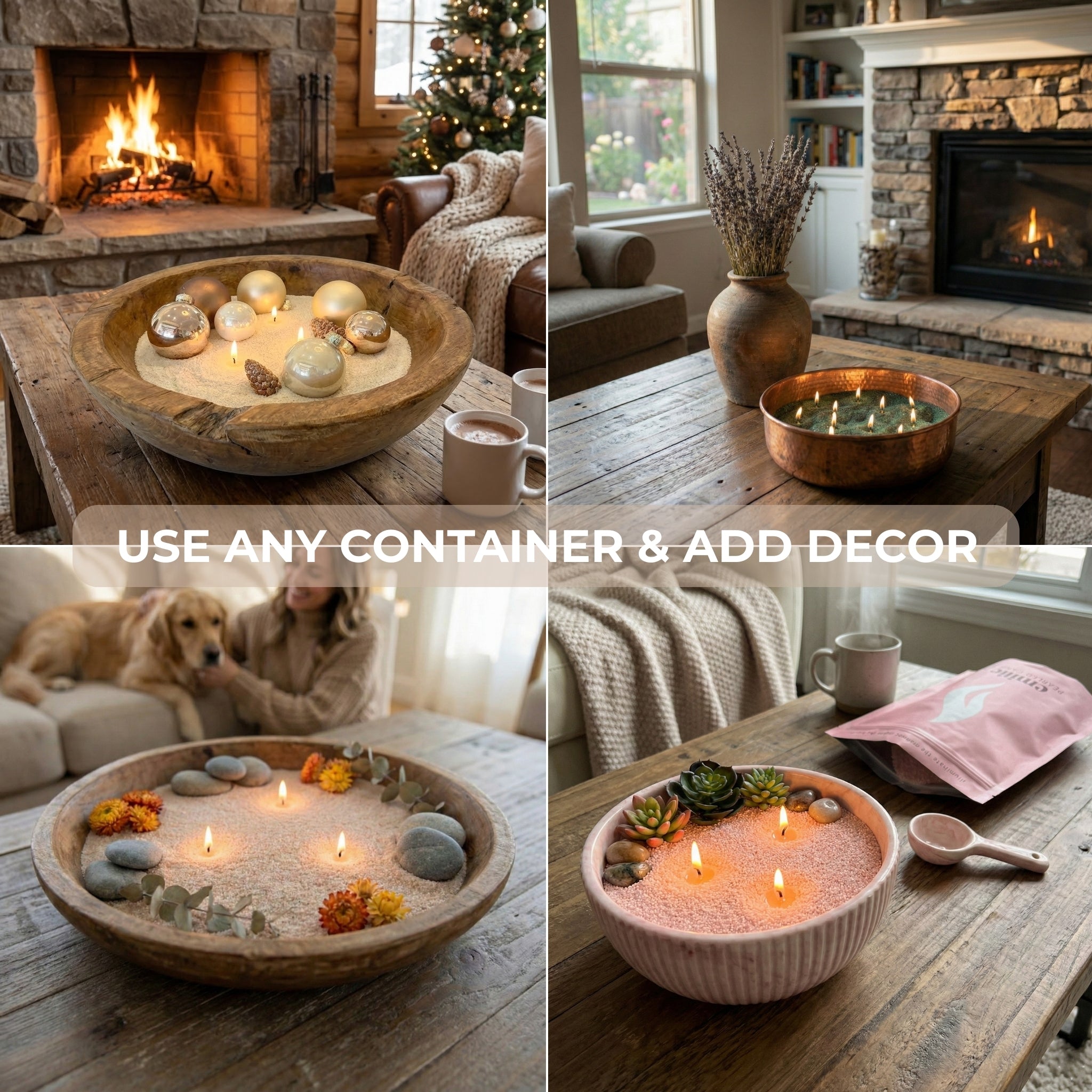 Collage of various pearled candle holders with decorative elements on a wooden table.