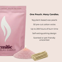 Emilie brand candle-making kit with pink wax pearls, cotton wicks, and text on a light pink background.