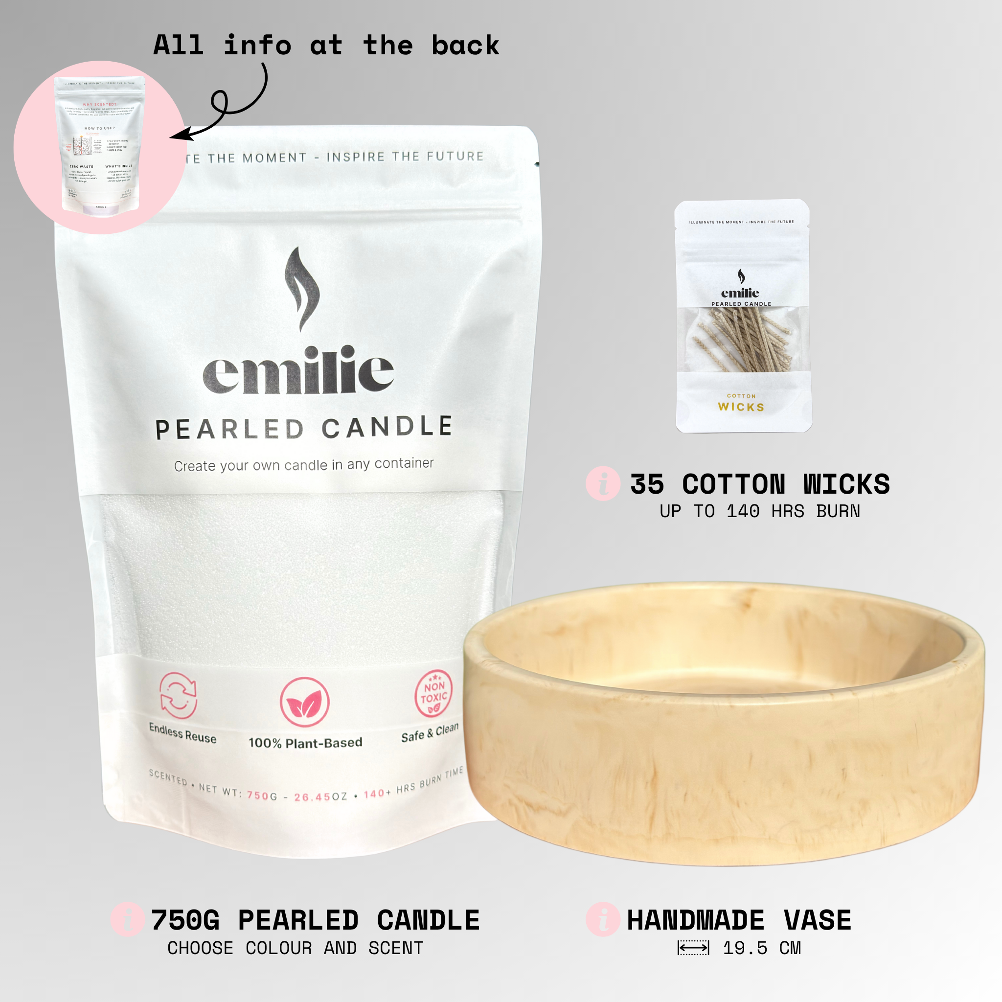 Emilie Pearled Candle Set – 750G + Handmade Ivory Dune Vase + 35 Wicks