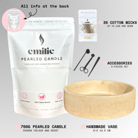 Emilie Pearled Candle Set – 750G + Handmade Ivory Dune Vase + Accessories + 35 Wicks