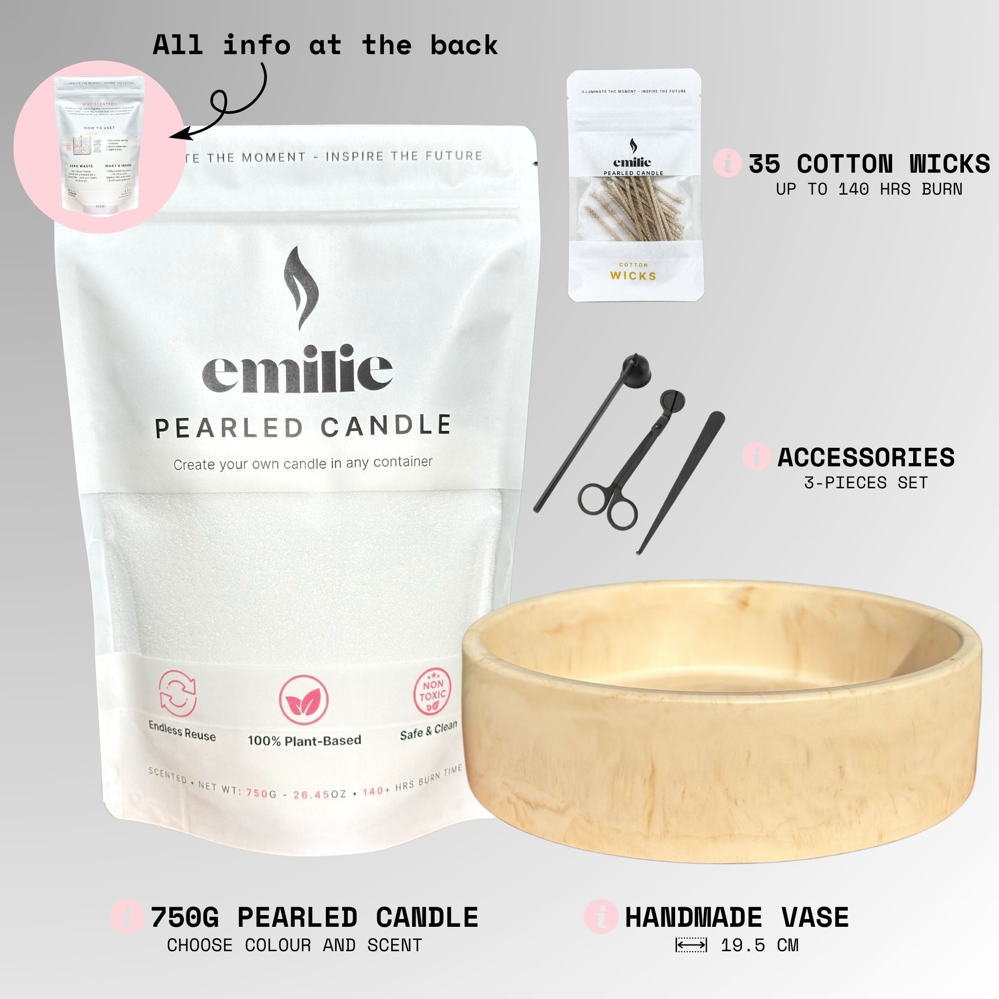 Emilie Pearled Candle Set – 750G + Handmade Ivory Dune Vase + Accessories + 35 Wicks