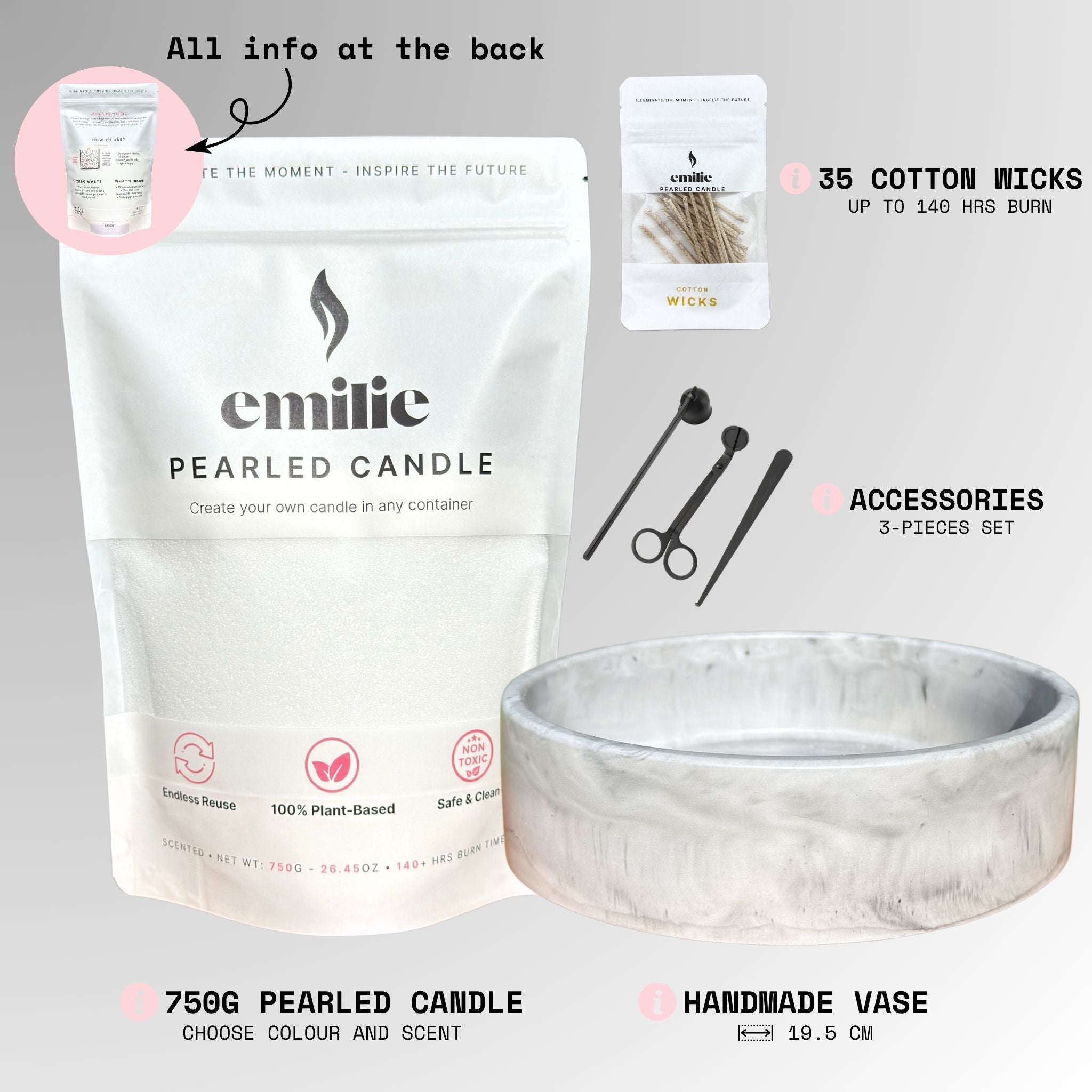 Emilie Pearled Candle Set – 750G + Handmade Twilight Veil Vase + Accessories + 35 Wicks
