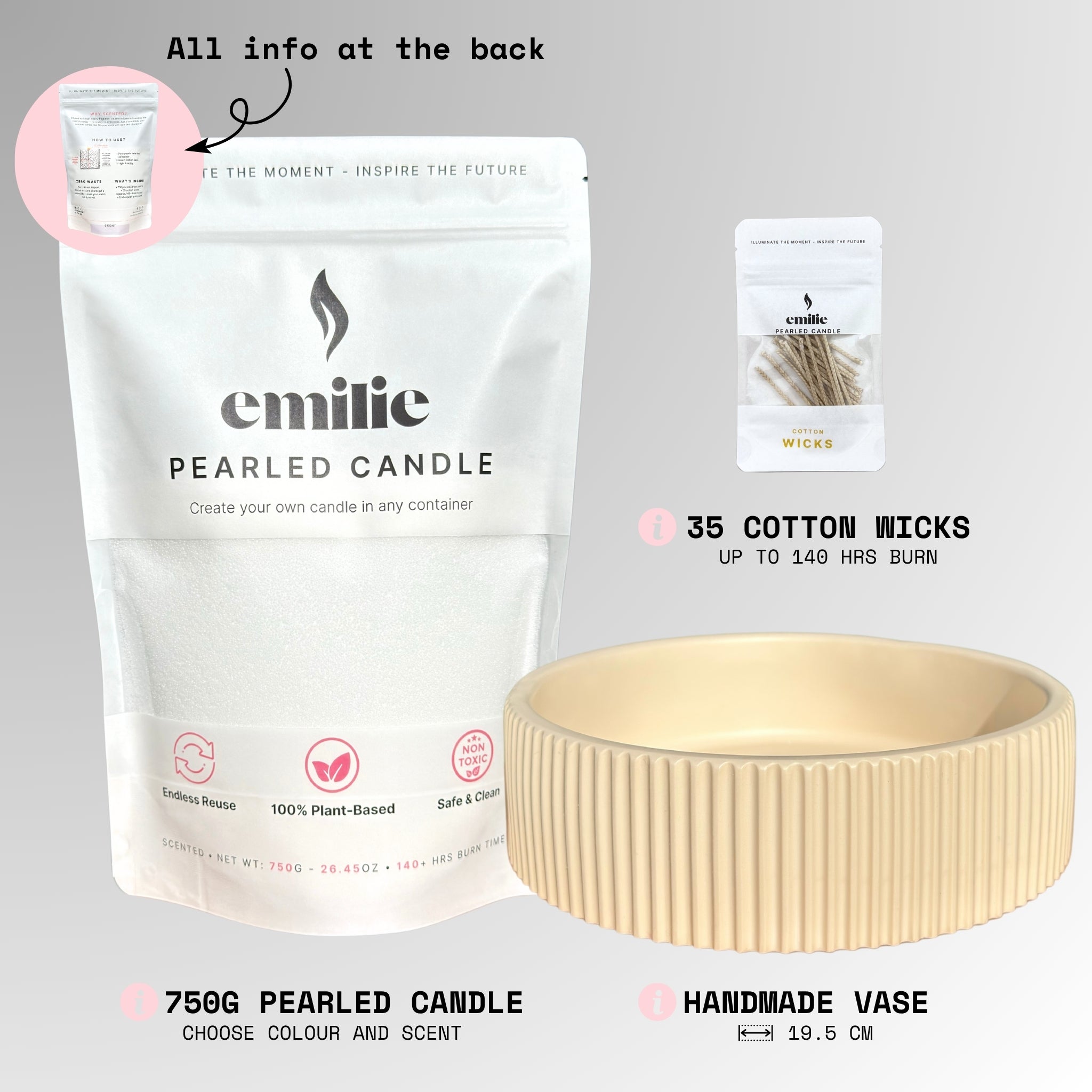 Emilie Pearled Candle Set – 750G + Handmade Sunstone Ridge Vase + 35 Wicks