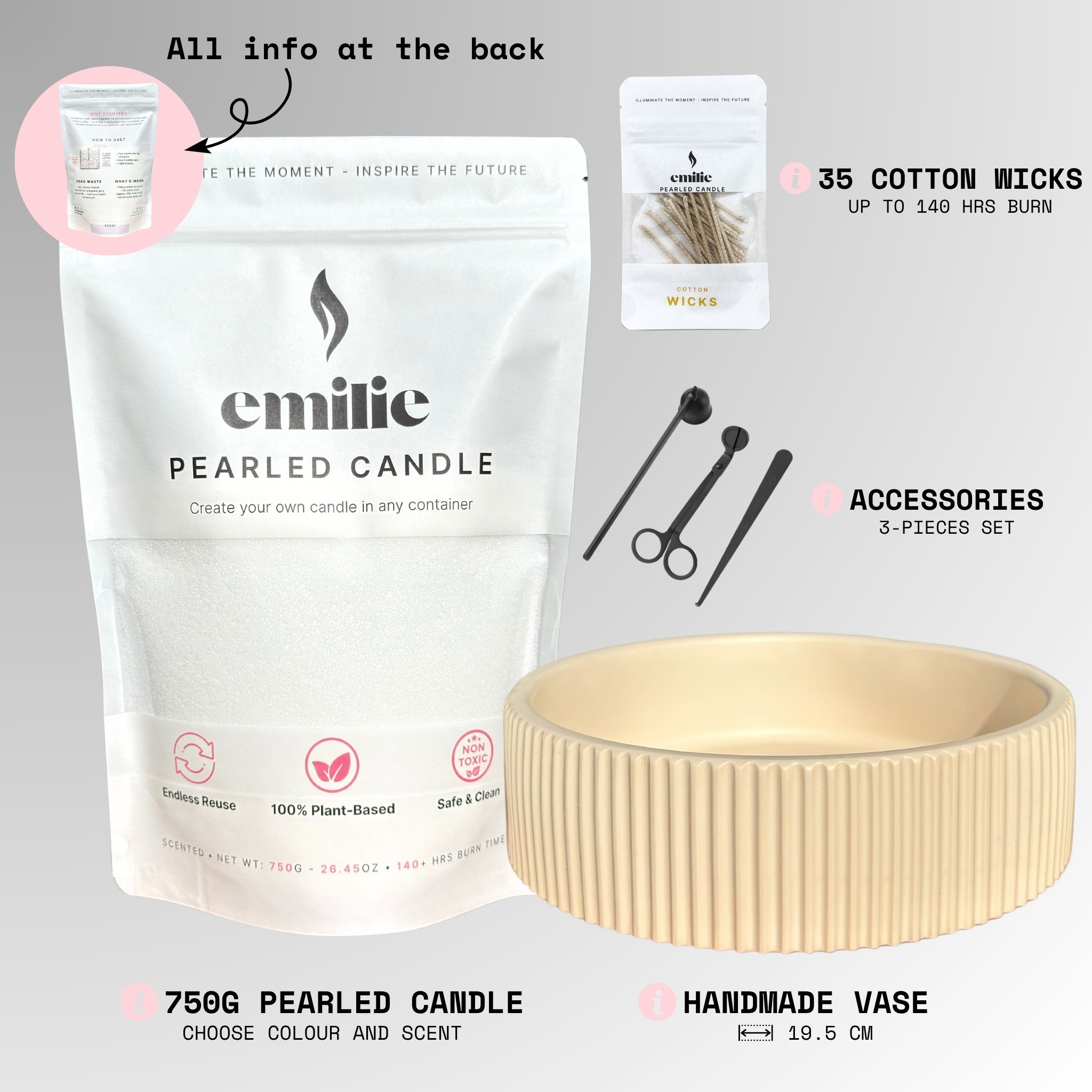 Emilie Pearled Candle Set – 750G + Sunstone Ridge Vase + Accessories + 35 Wicks