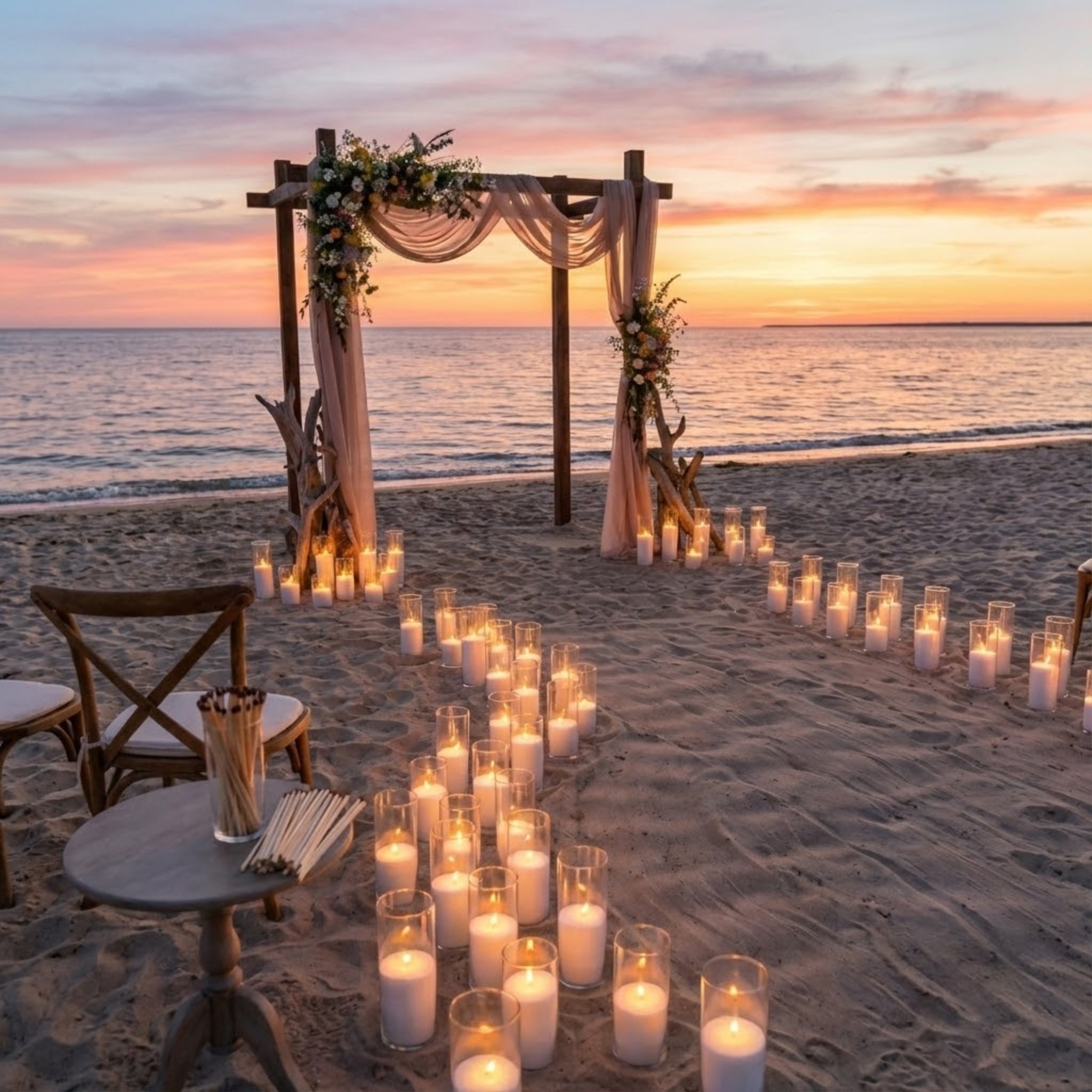 Beach wedding setup with pearled candles in glass containers and a wooden arch at sunset.