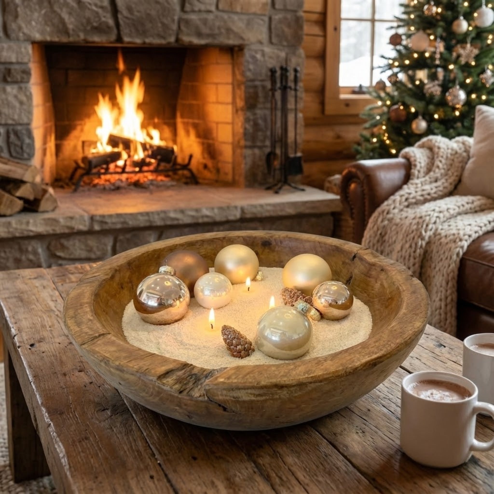 white pearled cancle sand in Wooden bowl with decorative ornaments on a table in front of a fireplace and Christmas tree.