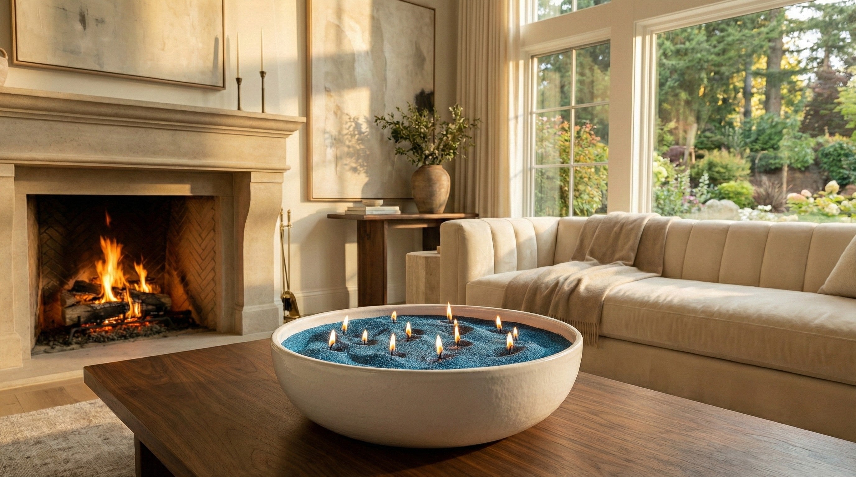 Living room with a fireplace, sofa, and a bowl of pearled candle sand on a table.