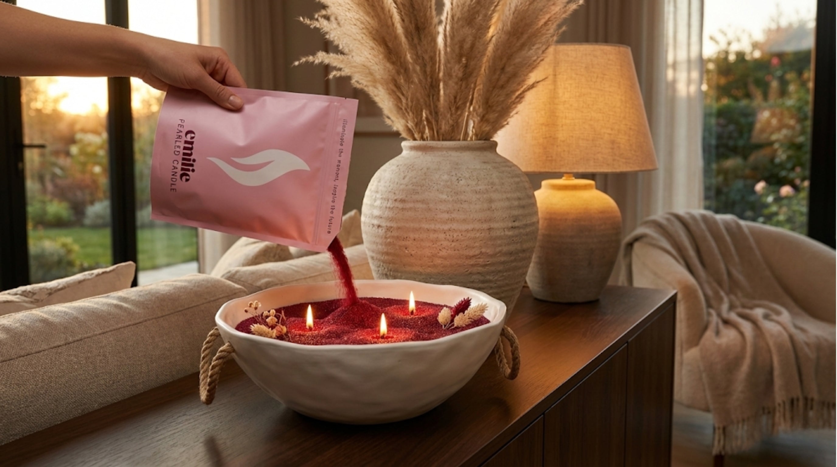 Person pouring a saturated bordoaux pearled candle sand into a bowl on a table in a cozy living room.