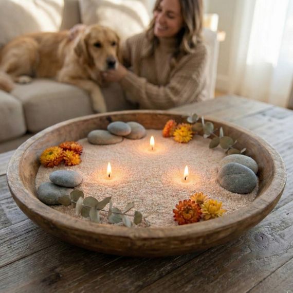 Woman petting a dog next to a wooden bowl with lit pearled candles and flowers on a table.
