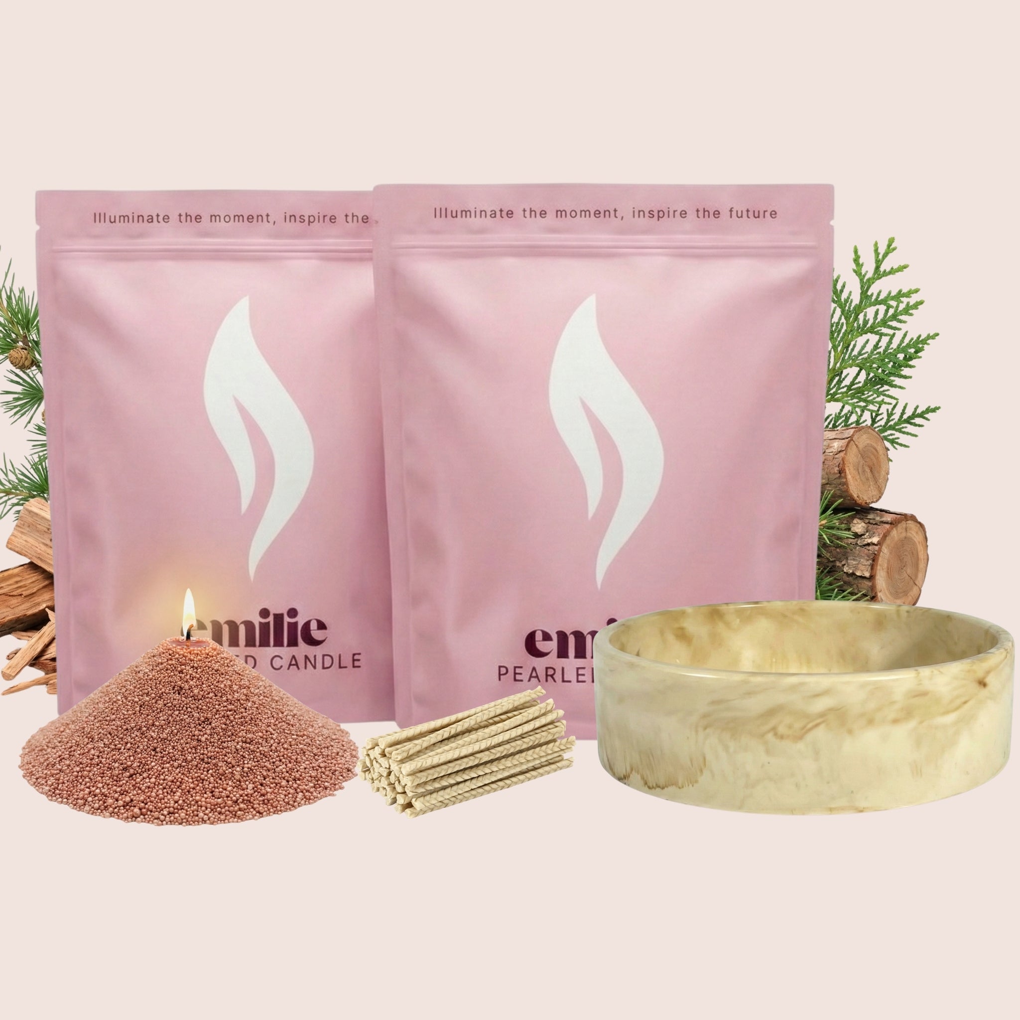 Cedarwood 1kg + 1kg of Your Choice Pearled Candles + Emilie Bol Lumière - Emilie Candle