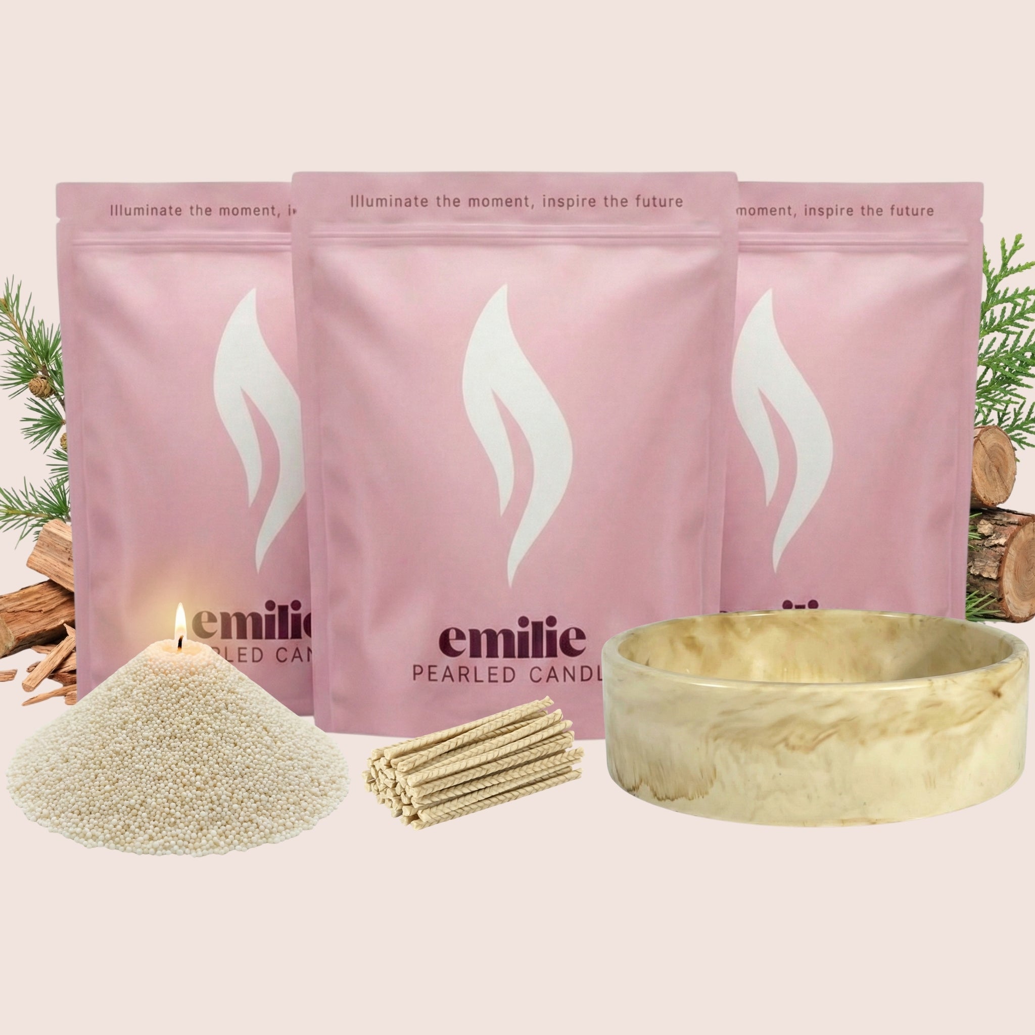 Cedarwood 1kg + 2x 1kg of Your Choice Pearled Candles + Emilie Bol Lumière - Emilie Candle