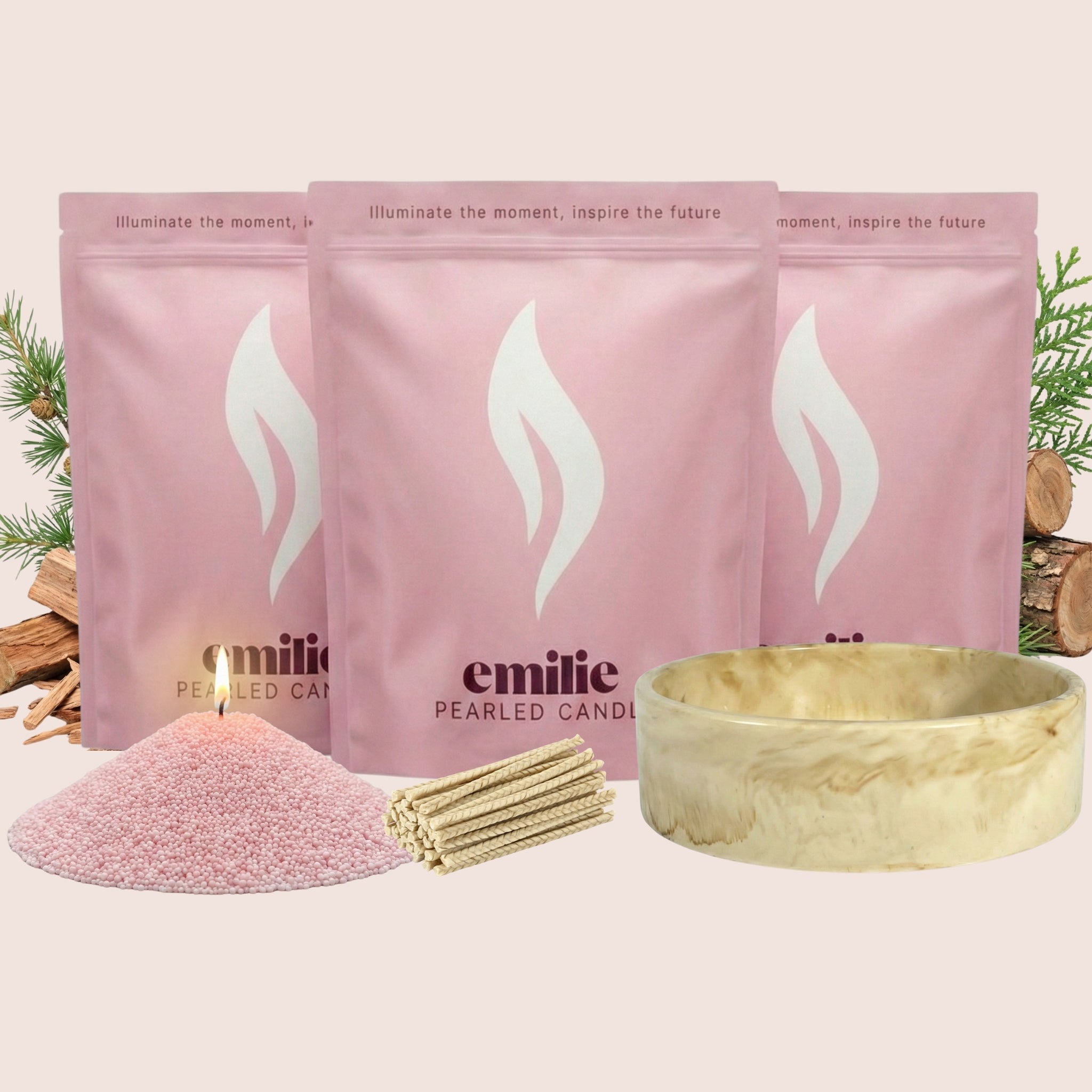 Cedarwood 1kg + 2x 1kg of Your Choice Pearled Candles + Emilie Bol Lumière - Emilie Candle
