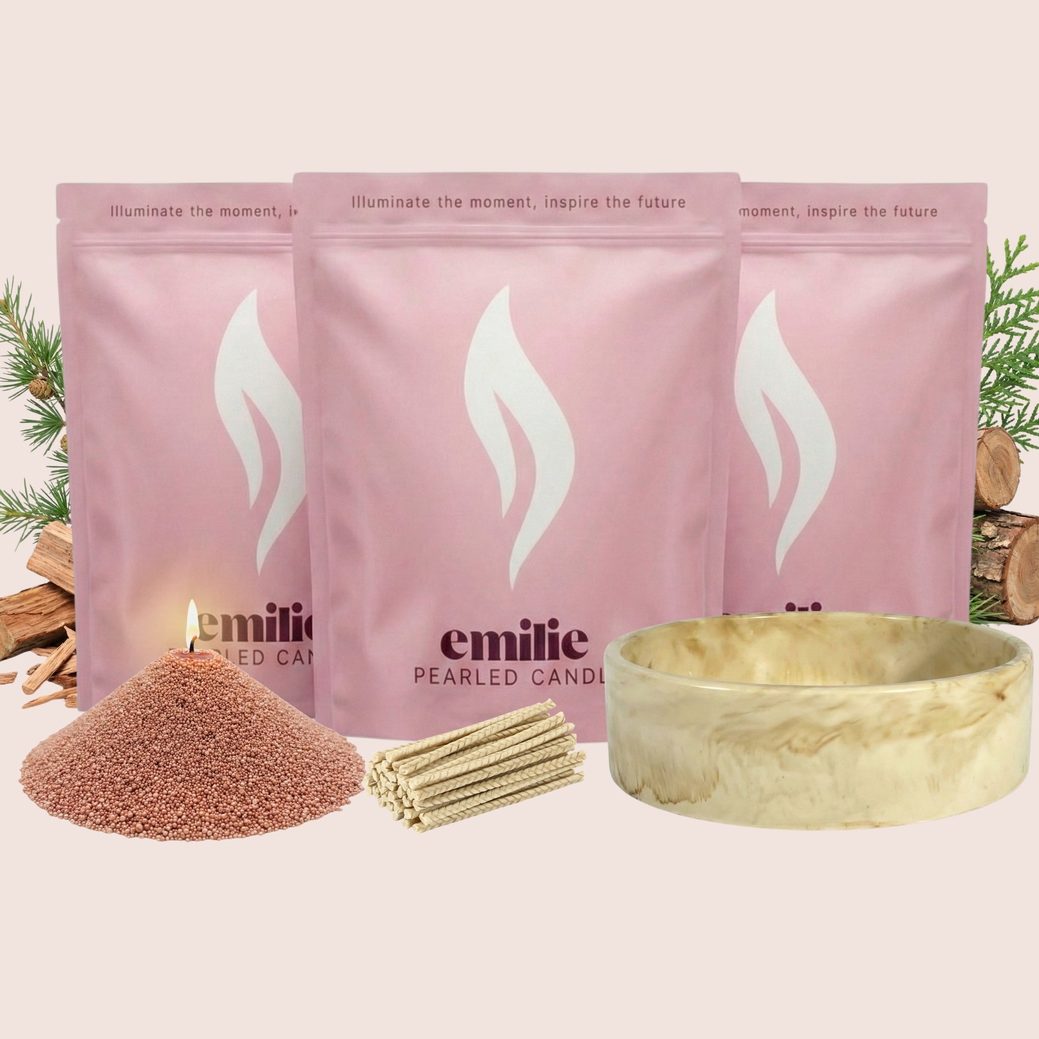 Cedarwood 1kg + 2x 1kg of Your Choice Pearled Candles + Emilie Bol Lumière - Emilie Candle