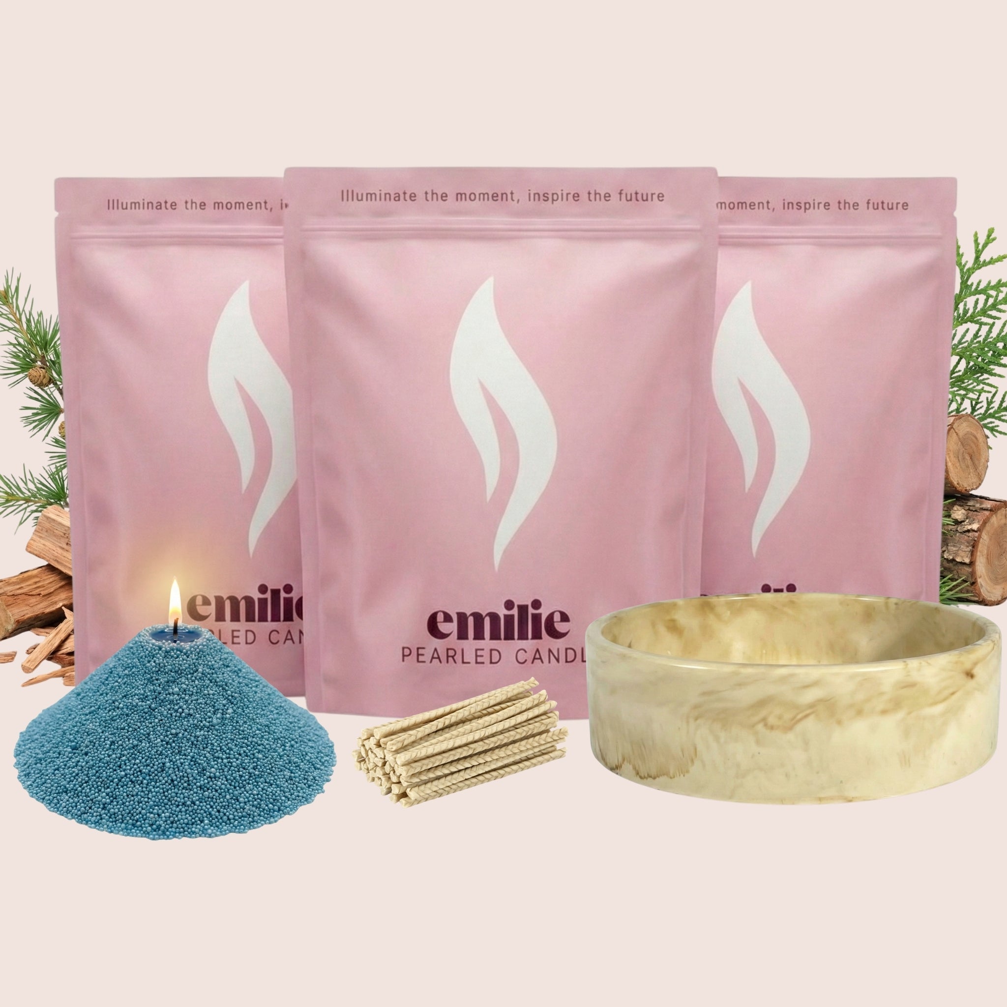 Cedarwood 1kg + 2x 1kg of Your Choice Pearled Candles + Emilie Bol Lumière - Emilie Candle