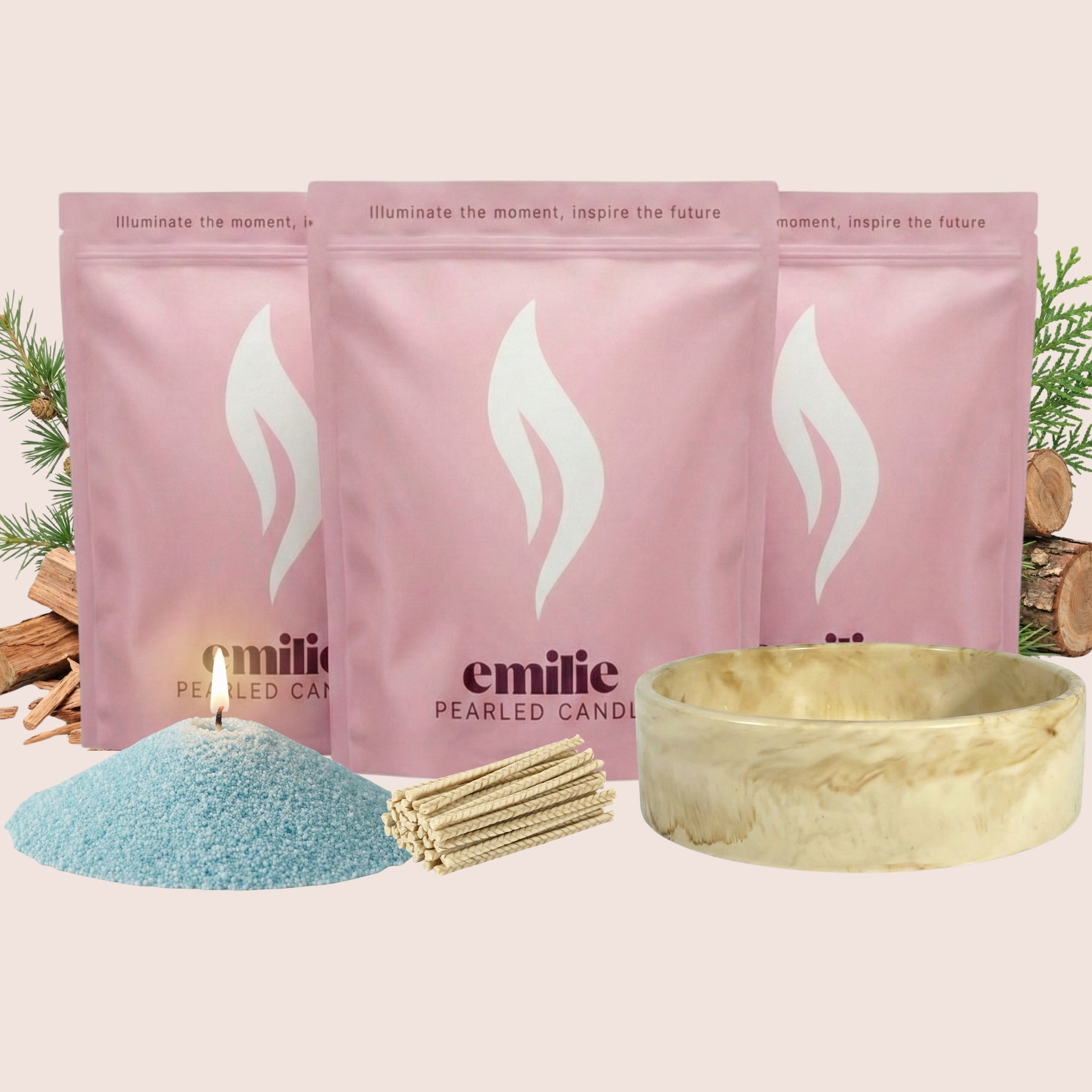 Cedarwood 1kg + 2x 1kg of Your Choice Pearled Candles + Emilie Bol Lumière - Emilie Candle