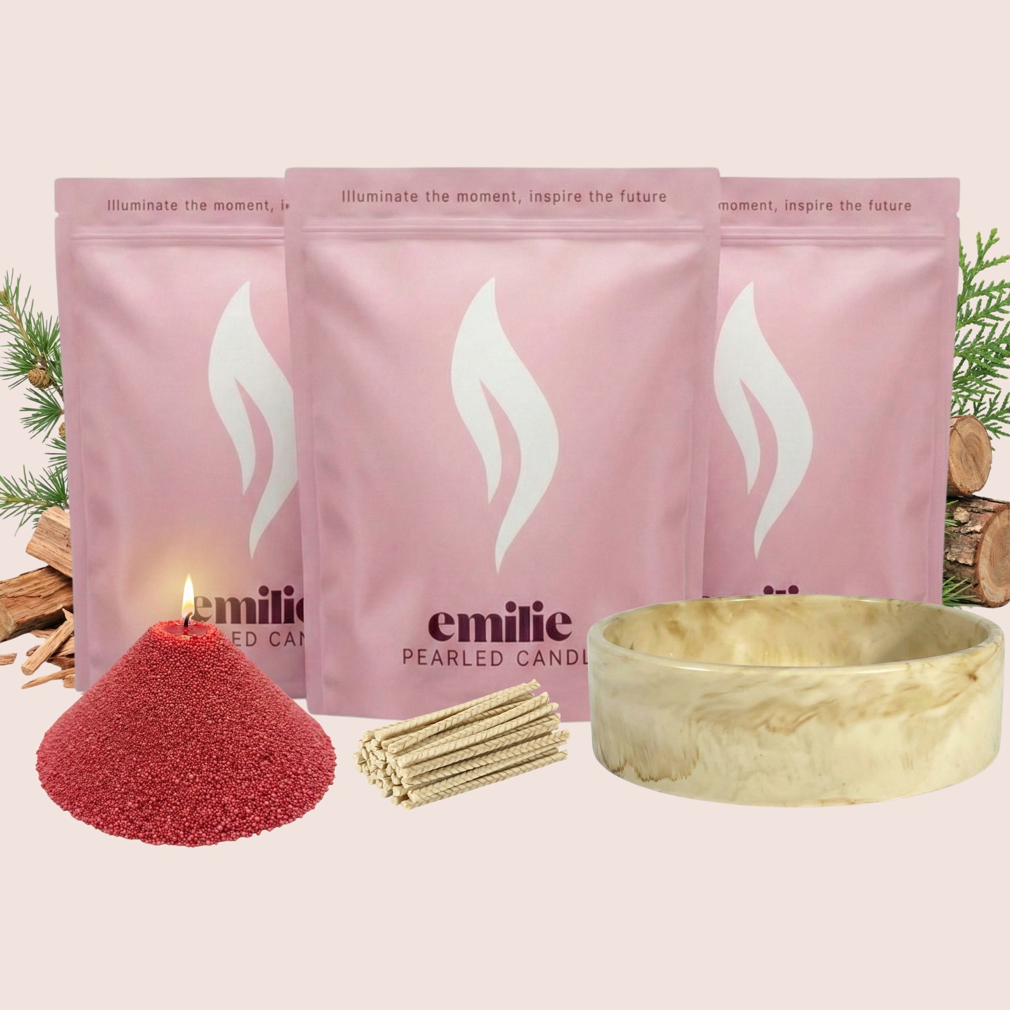 Cedarwood 1kg + 2x 1kg of Your Choice Pearled Candles + Emilie Bol Lumière - Emilie Candle
