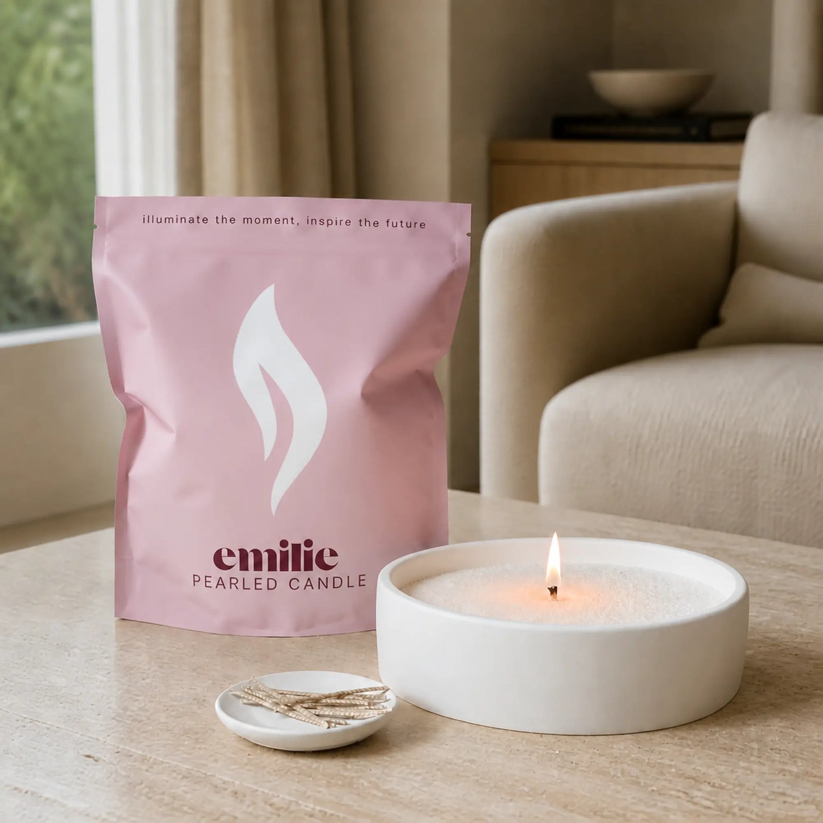 Emilie refillable pearled candle glowing in a warm home interior