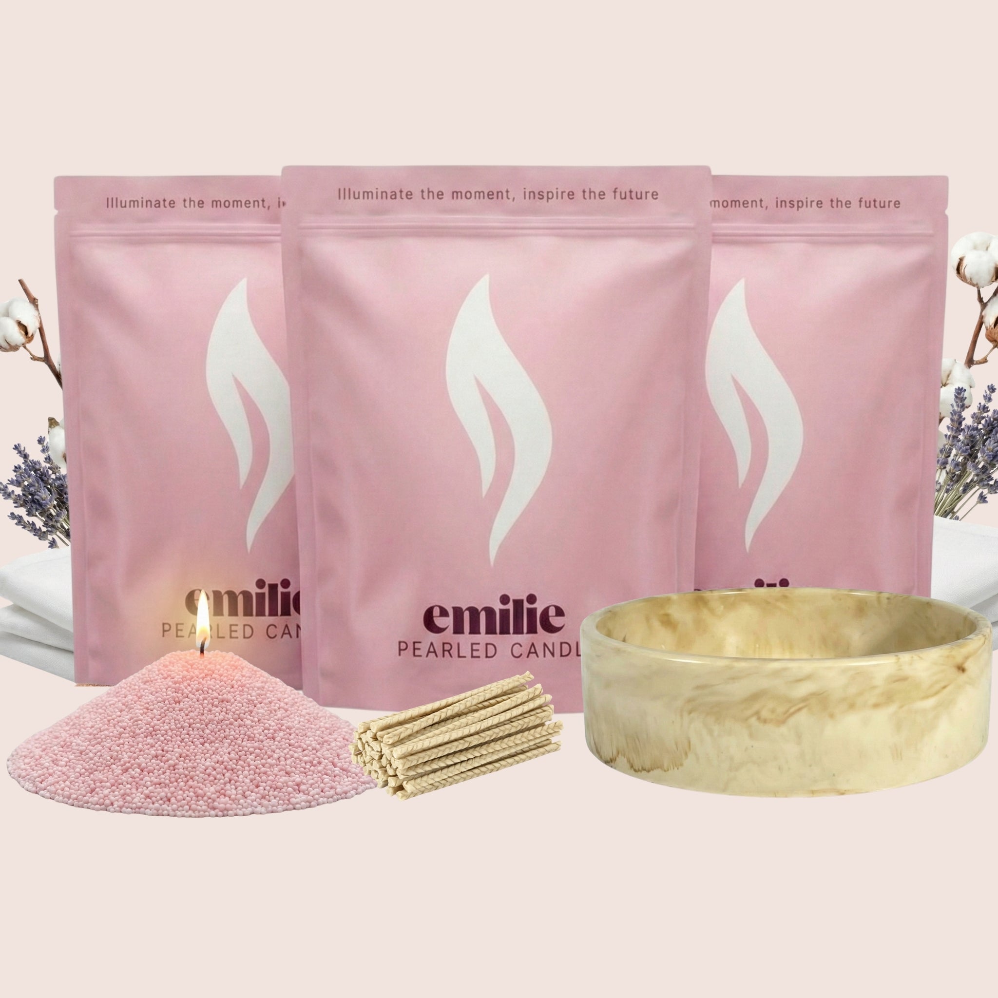 Fresh Linen 1kg + 2x 1kg of Your Choice Pearled Candles + Emilie Bol Lumière - Emilie Candle