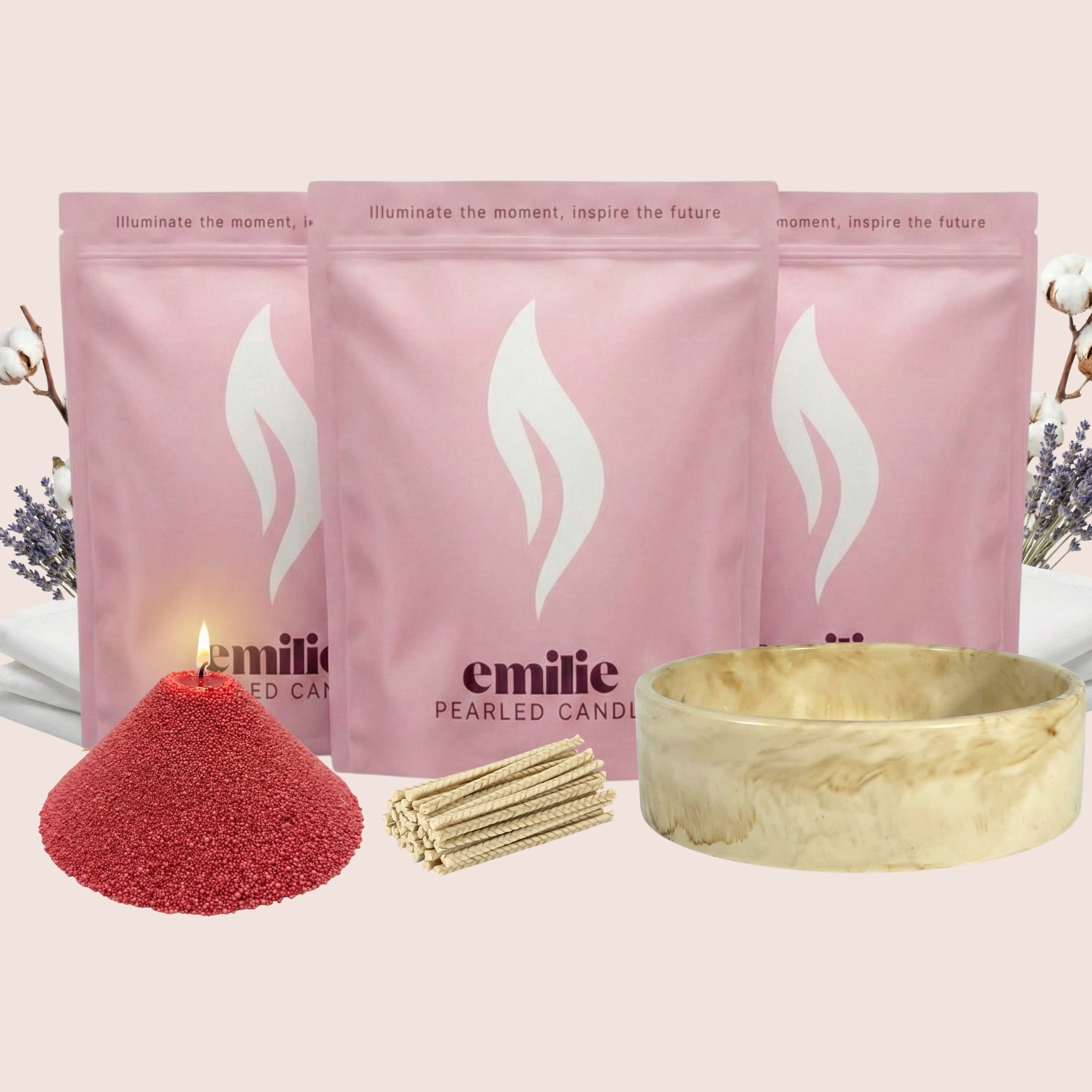 Fresh Linen 1kg + 2x 1kg of Your Choice Pearled Candles + Emilie Bol Lumière - Emilie Candle