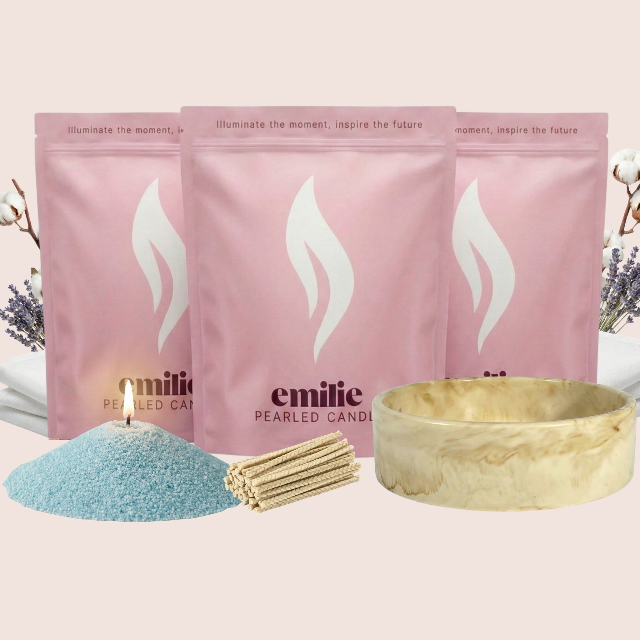 Fresh Linen 1kg + 2x 1kg of Your Choice Pearled Candles + Emilie Bol Lumière - Emilie Candle