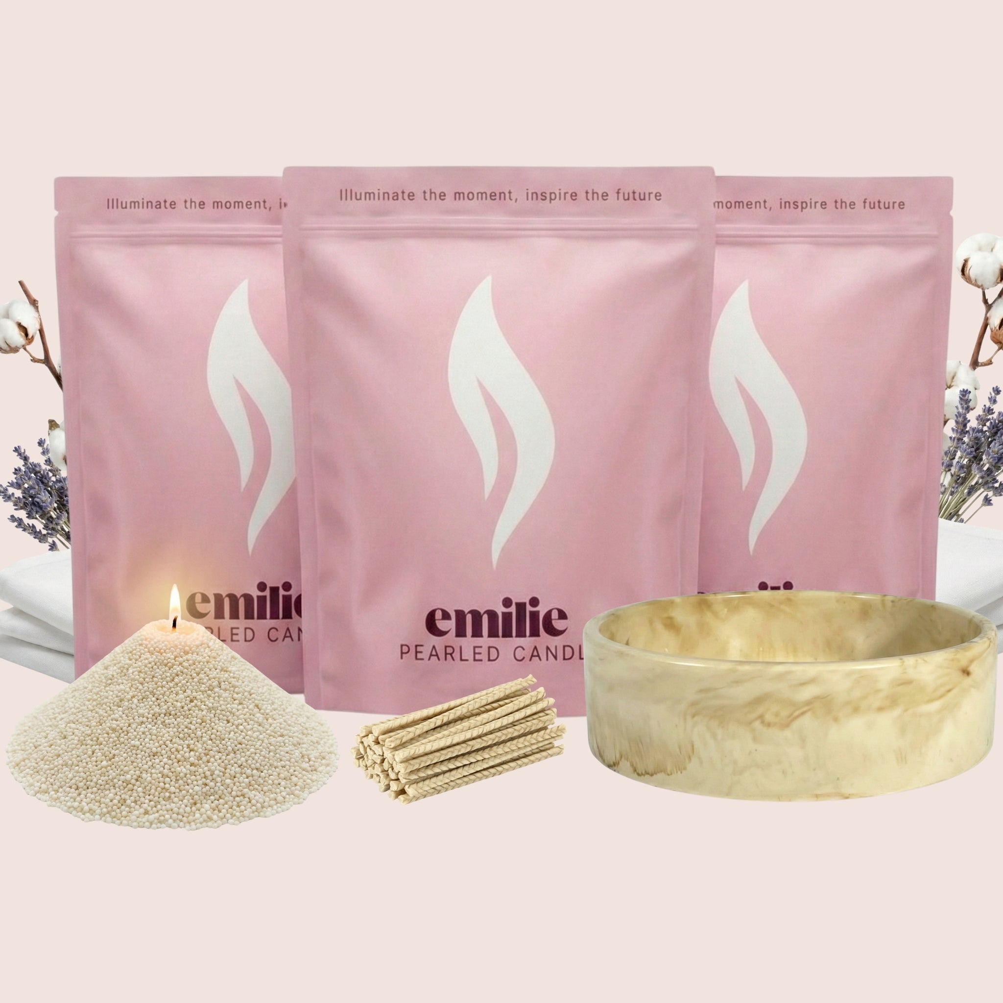 Fresh Linen 1kg + 2x 1kg of Your Choice Pearled Candles + Emilie Bol Lumière - Emilie Candle