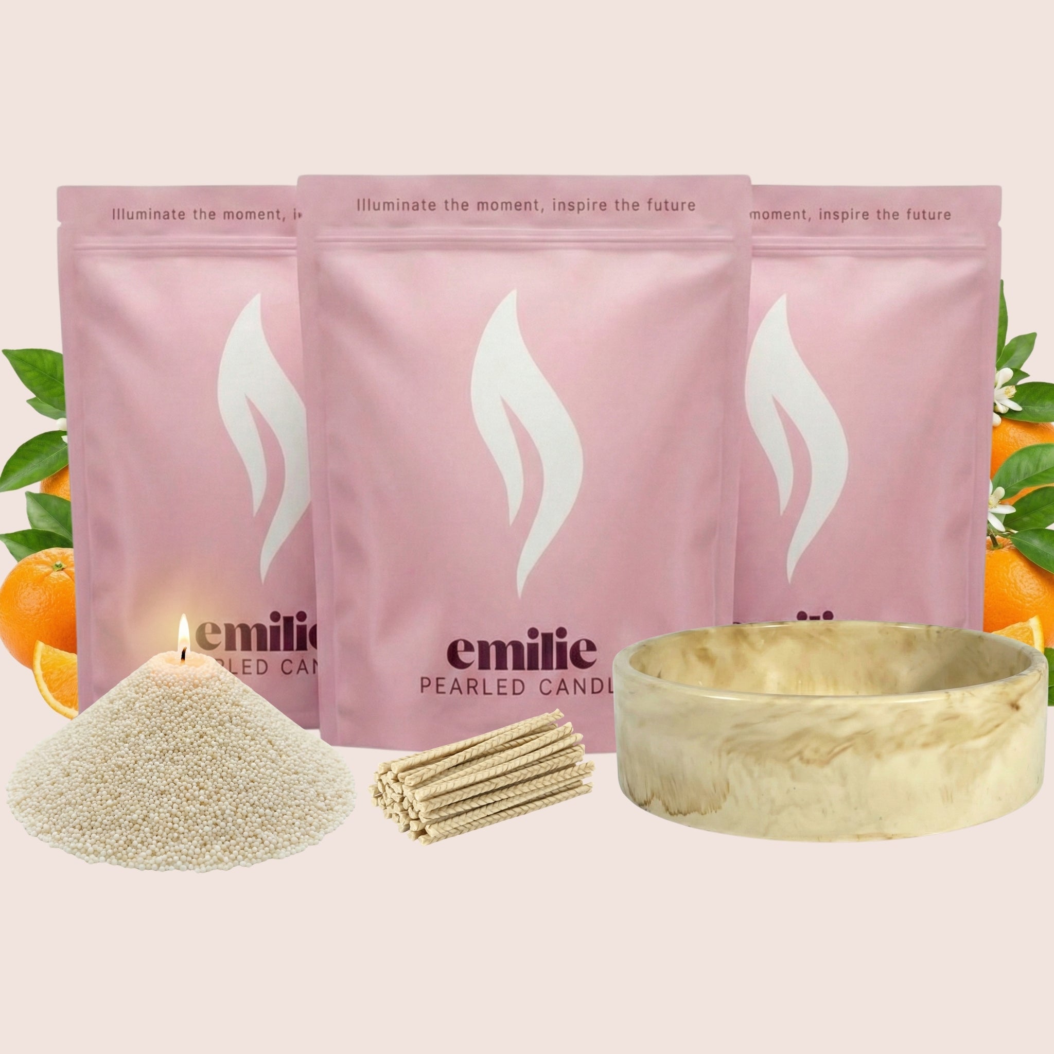 Orange 1kg + 2x 1kg of Your Choice Pearled Candles + Emilie Bol Lumière - Emilie Candle