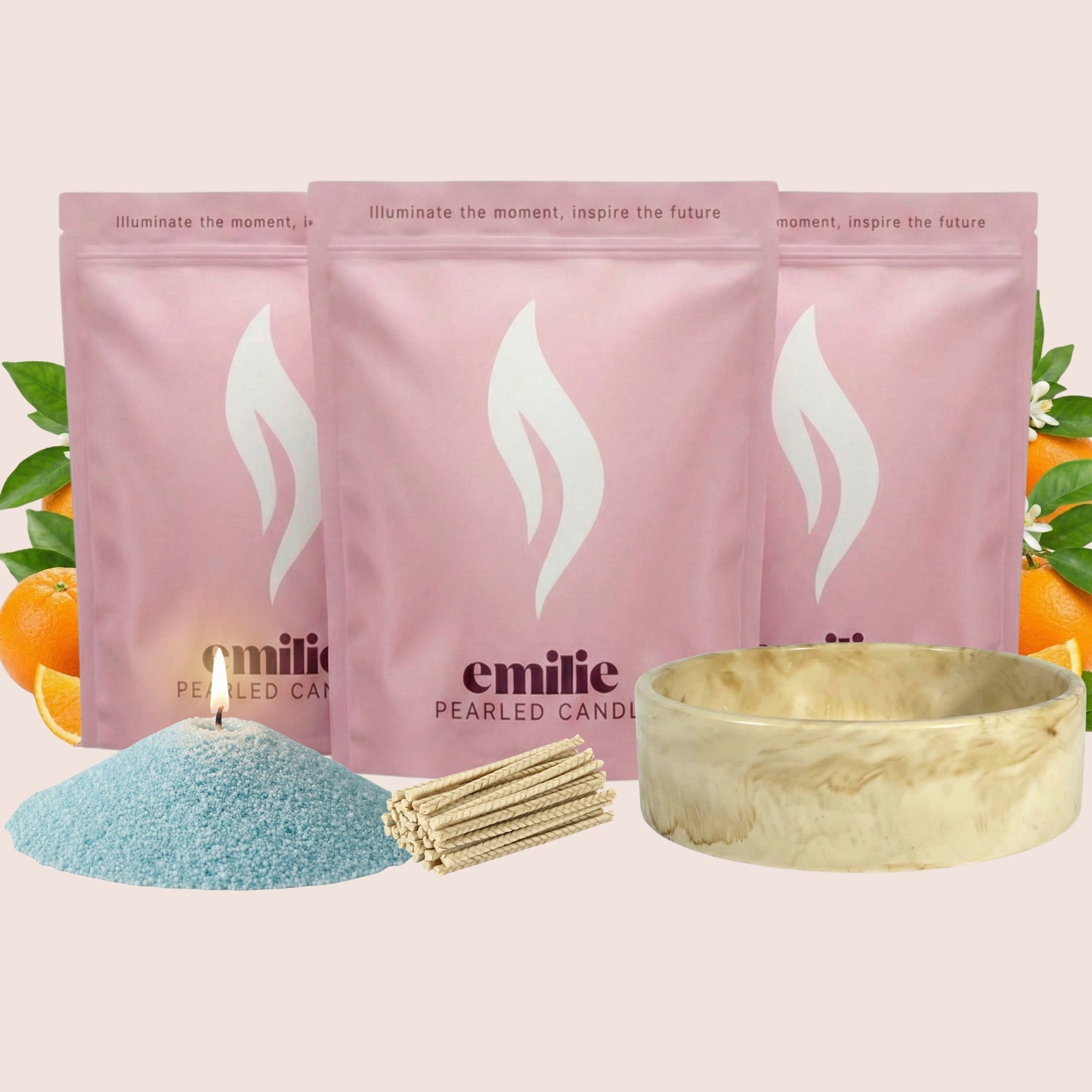 Orange 1kg + 2x 1kg of Your Choice Pearled Candles + Emilie Bol Lumière - Emilie Candle